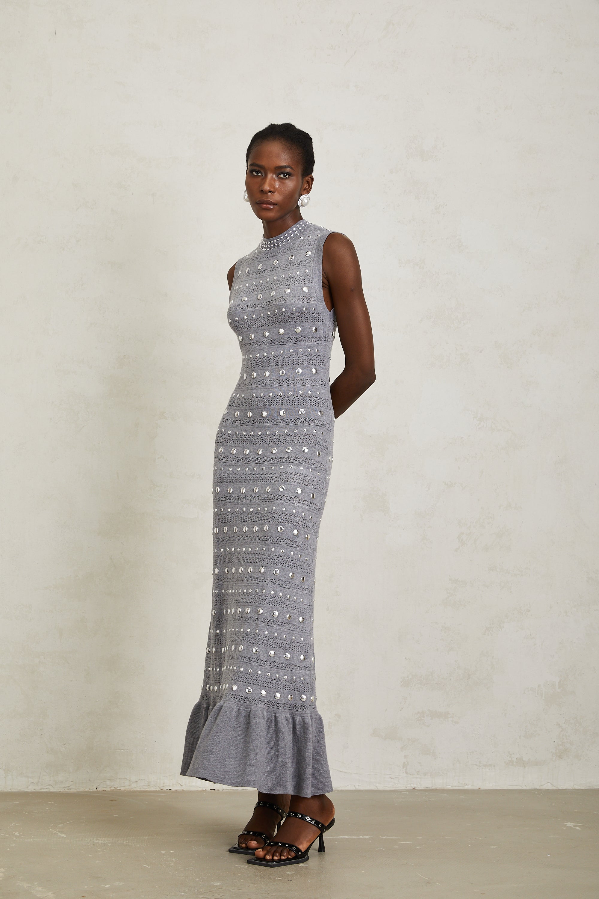 Chloé Grey Studded Crochet Knit Maxi Dress - gray