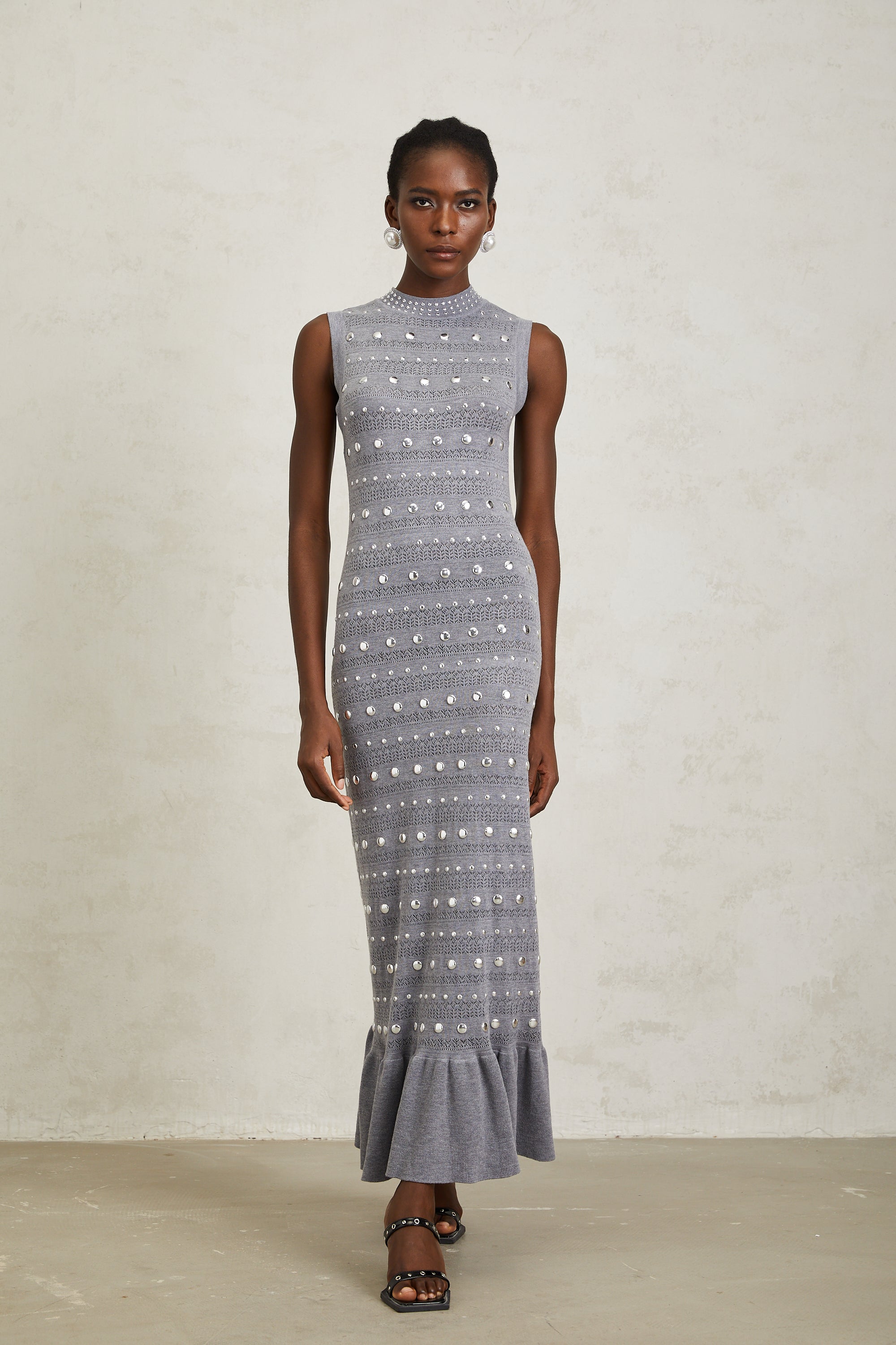 Chloé Grey Studded Crochet Knit Maxi Dress - gray
