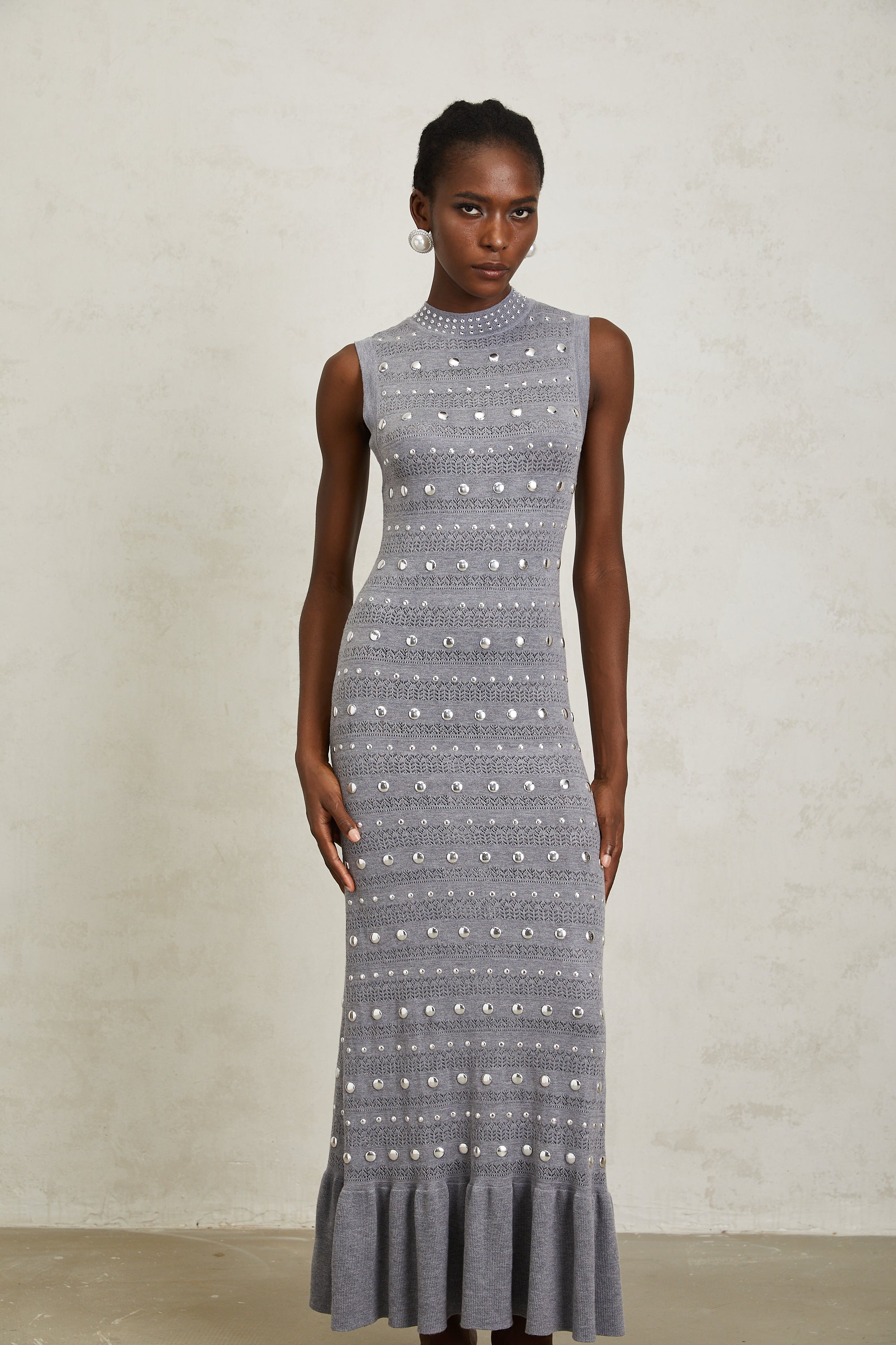 Chloé Grey Studded Crochet Knit Maxi Dress - gray