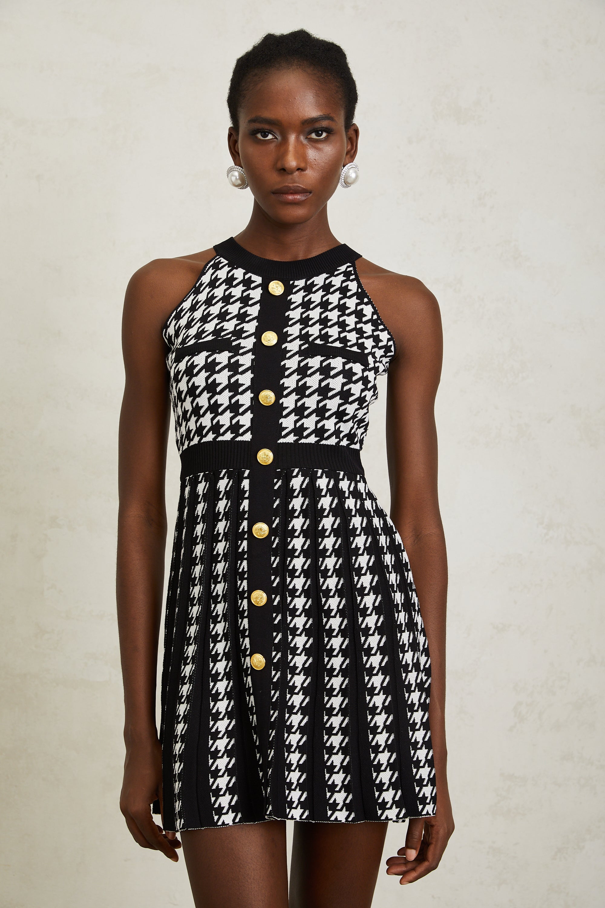 Jacqueline Black Houndstooth Crochet Knit Mini Dress