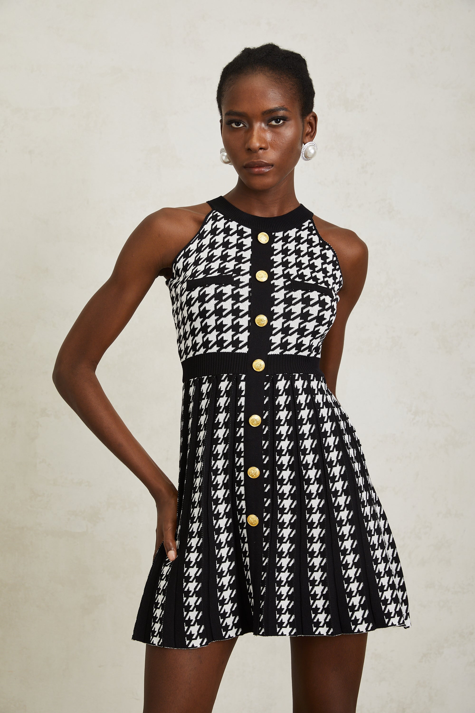 Jacqueline Black Houndstooth Crochet Knit Mini Dress