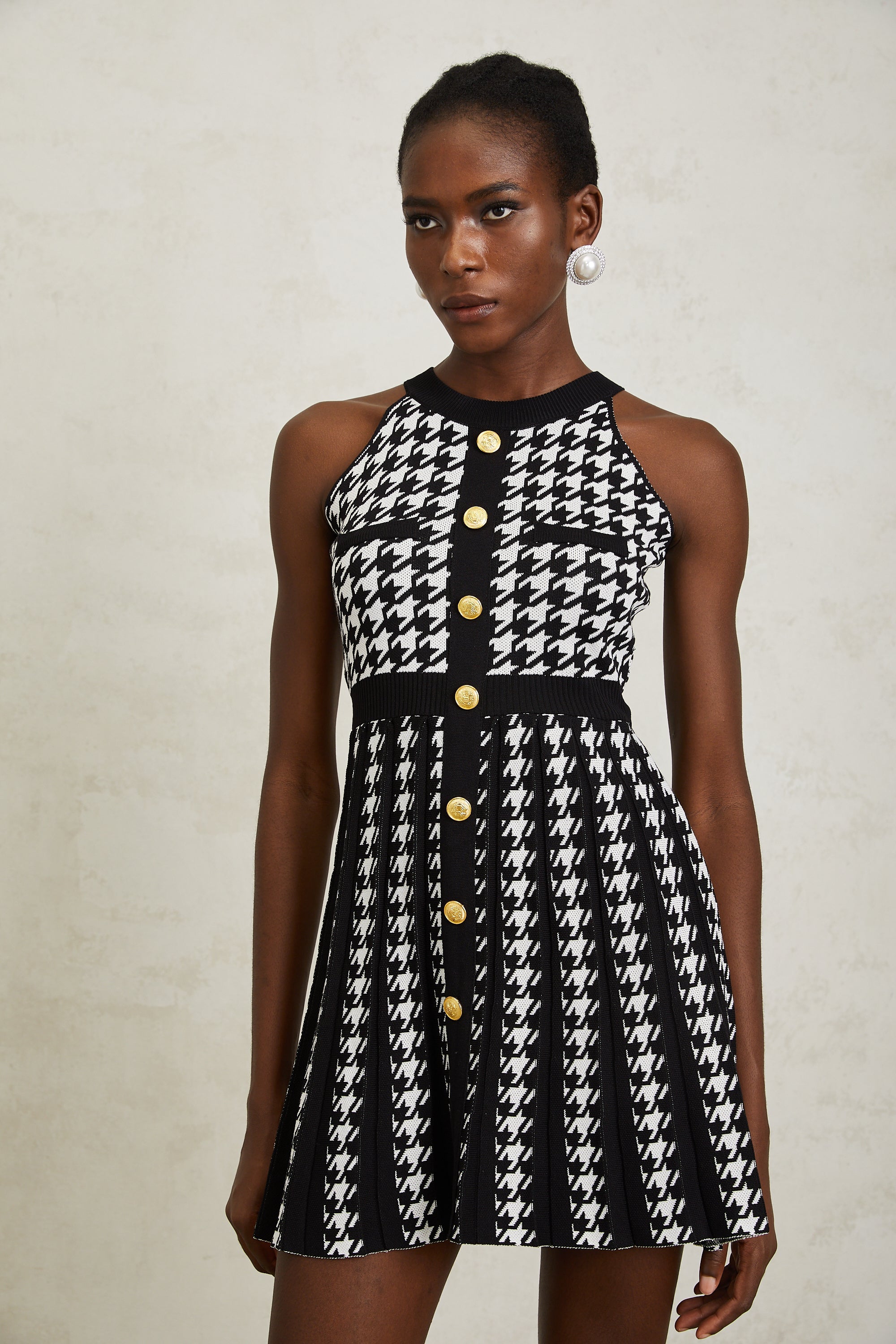 Jacqueline Black Houndstooth Crochet Knit Mini Dress