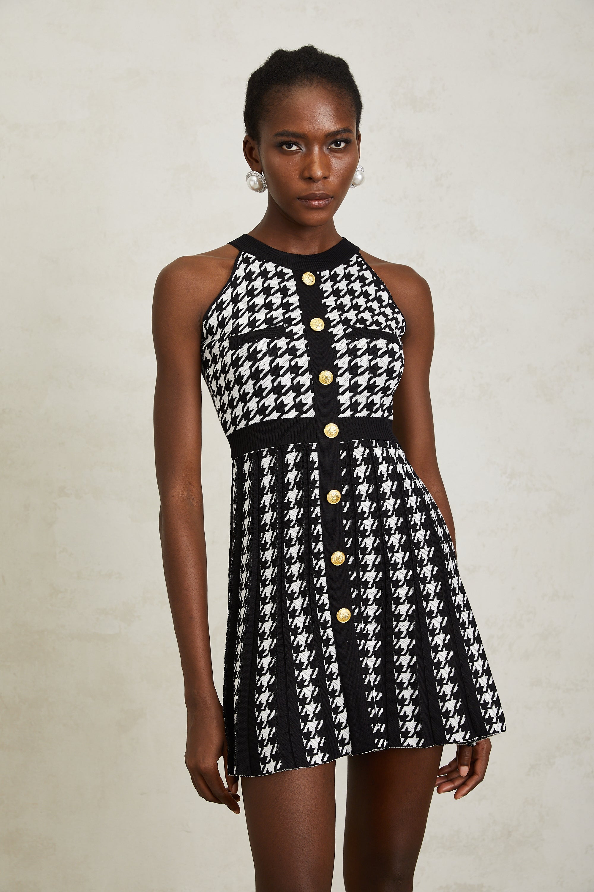 Jacqueline Black Houndstooth Crochet Knit Mini Dress