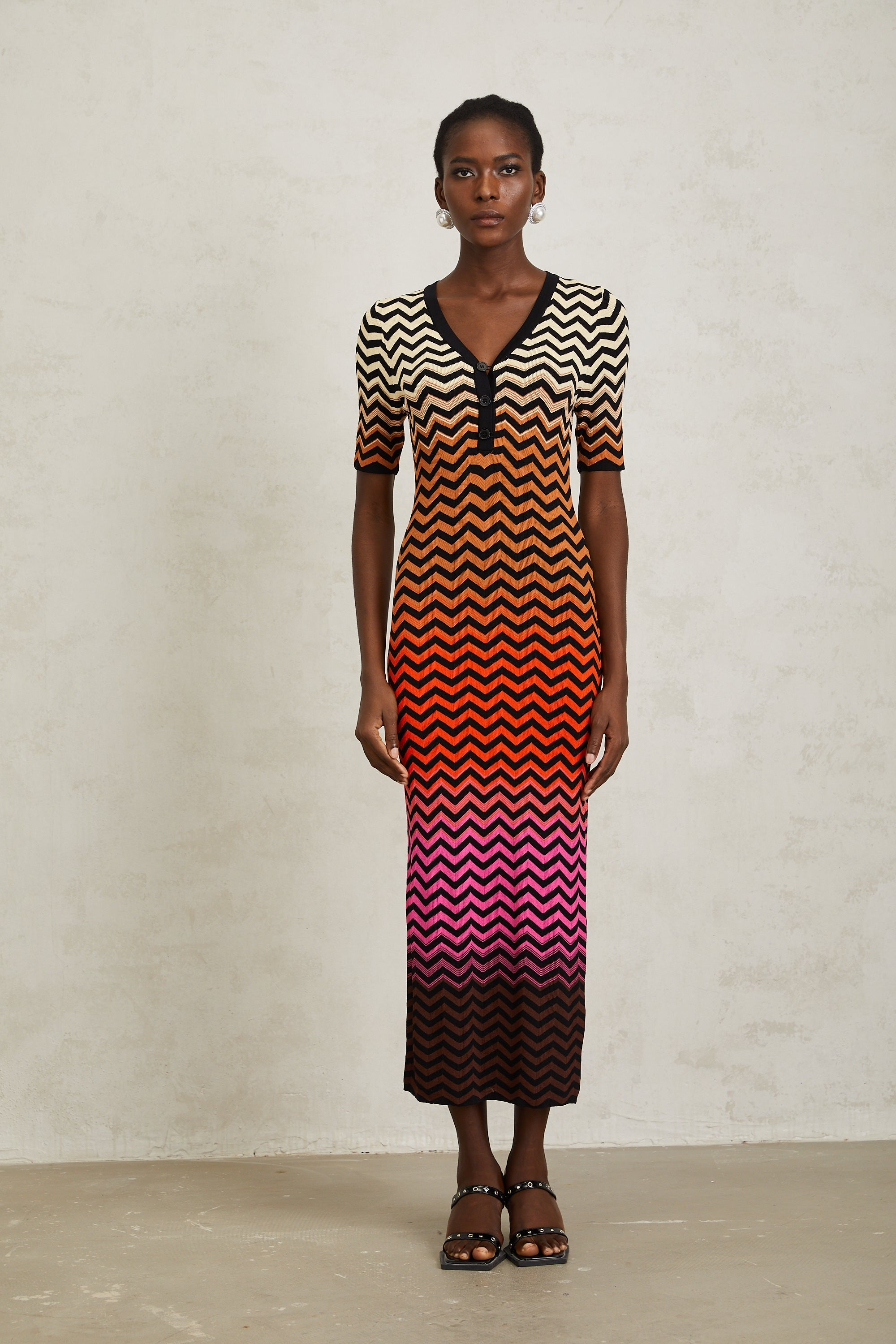 Charitina Brown Gradient Zigzag Knit Midi Dress (Final Sale-US Only)