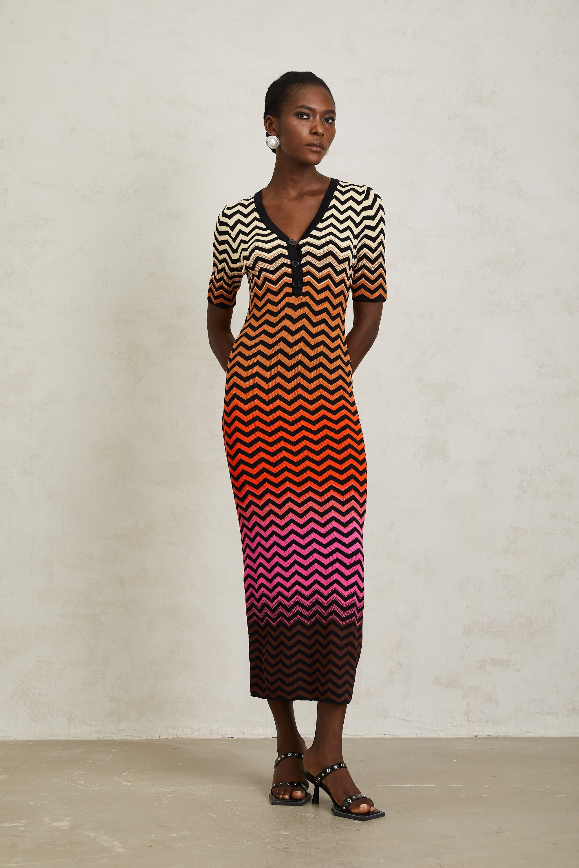 Charitina Brown Gradient Zigzag Knit Midi Dress (Final Sale-US Only)