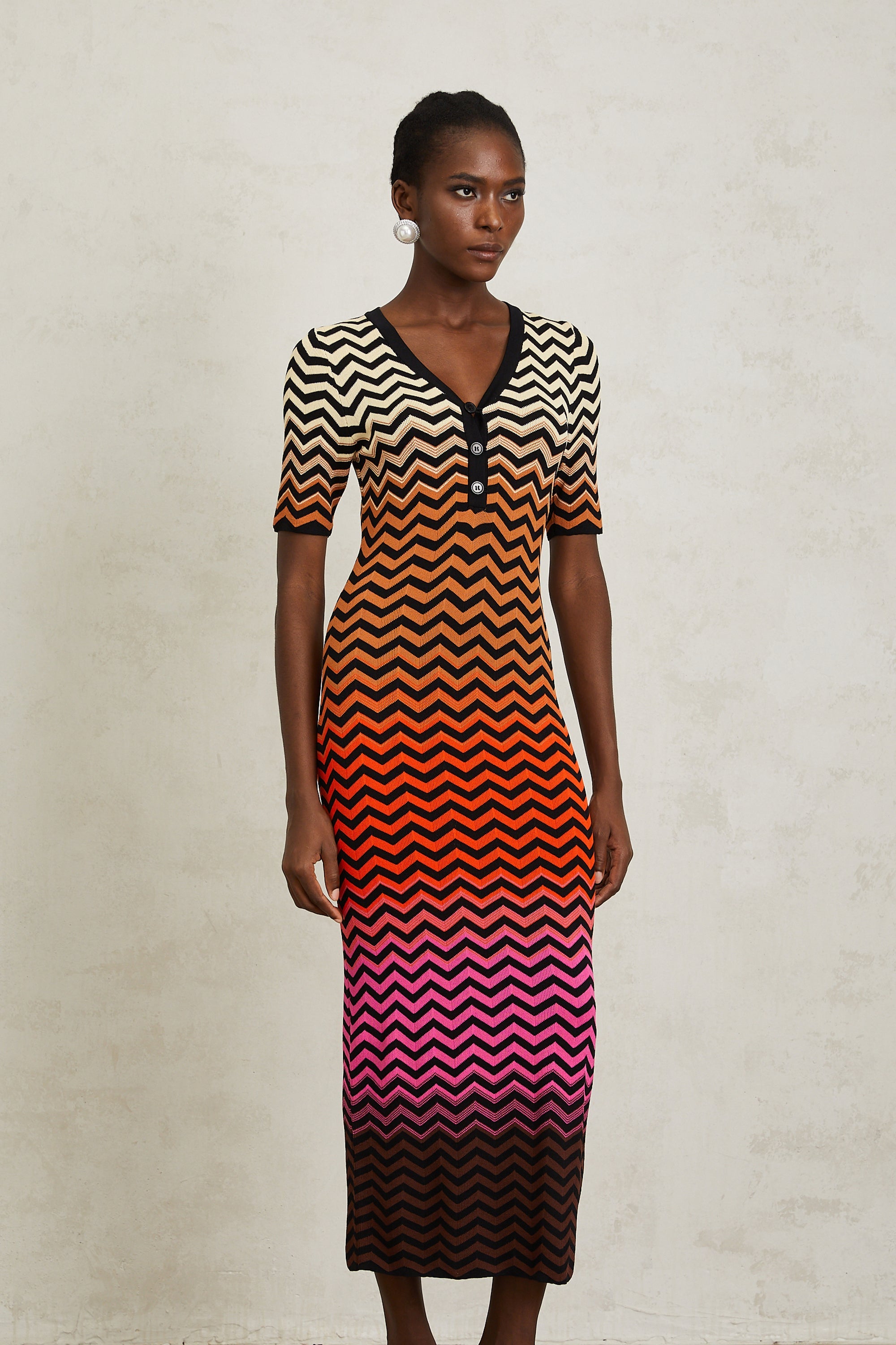 Charitina Brown Gradient Zigzag Knit Midi Dress (Final Sale-US Only)