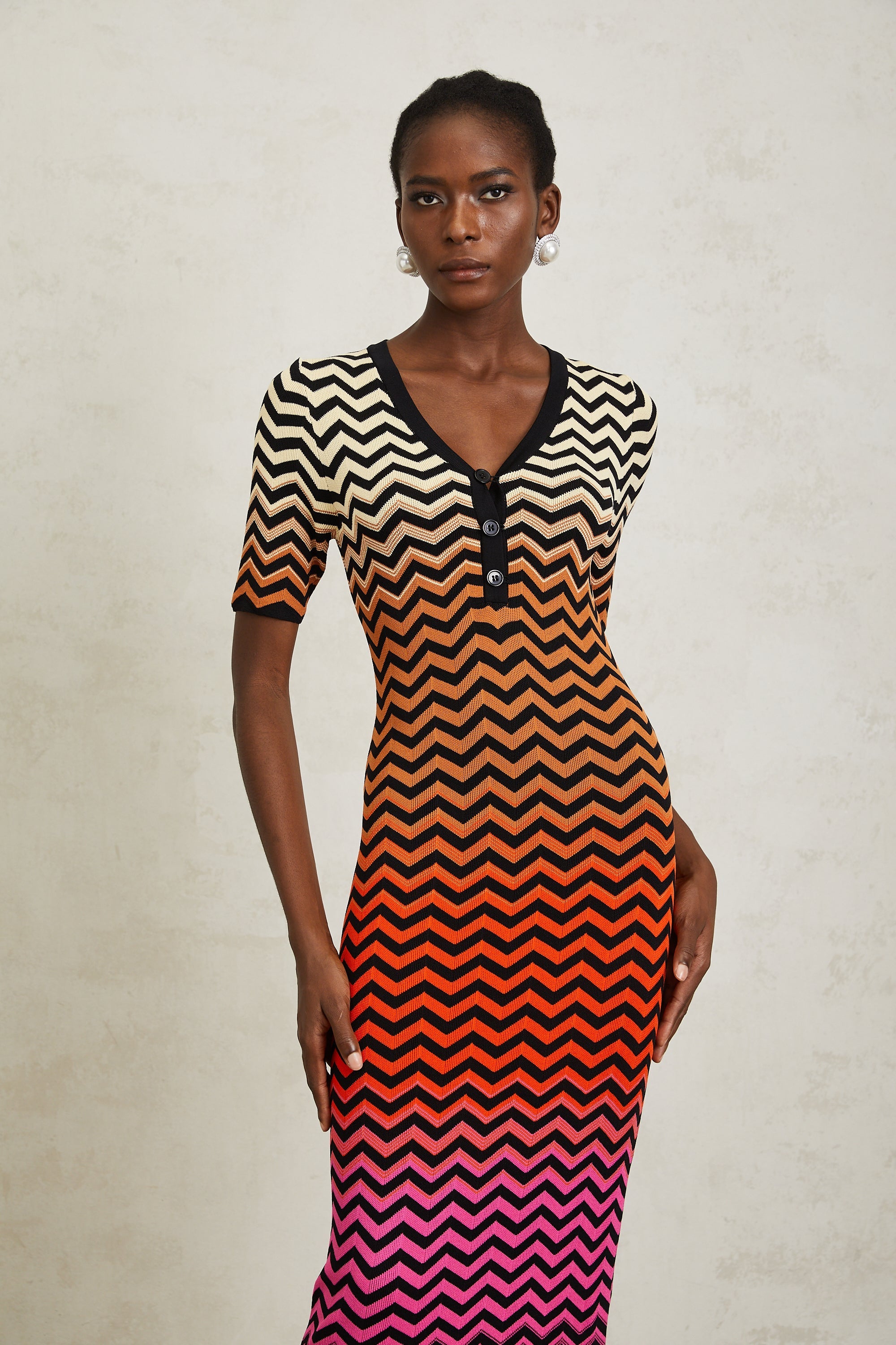 Charitina Brown Gradient Zigzag Knit Midi Dress (Final Sale-US Only)