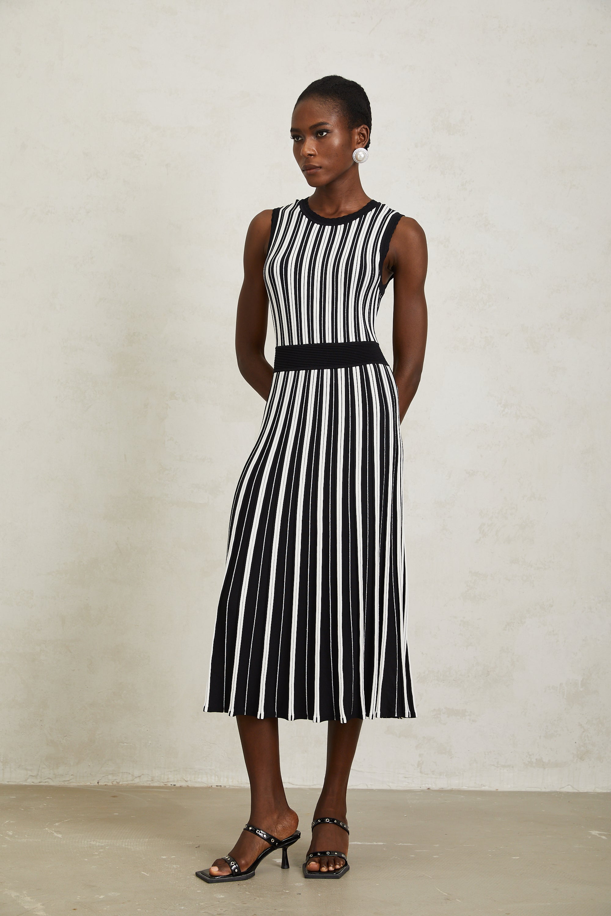 Capucine Black Vertical Striped Knit Midi Dress