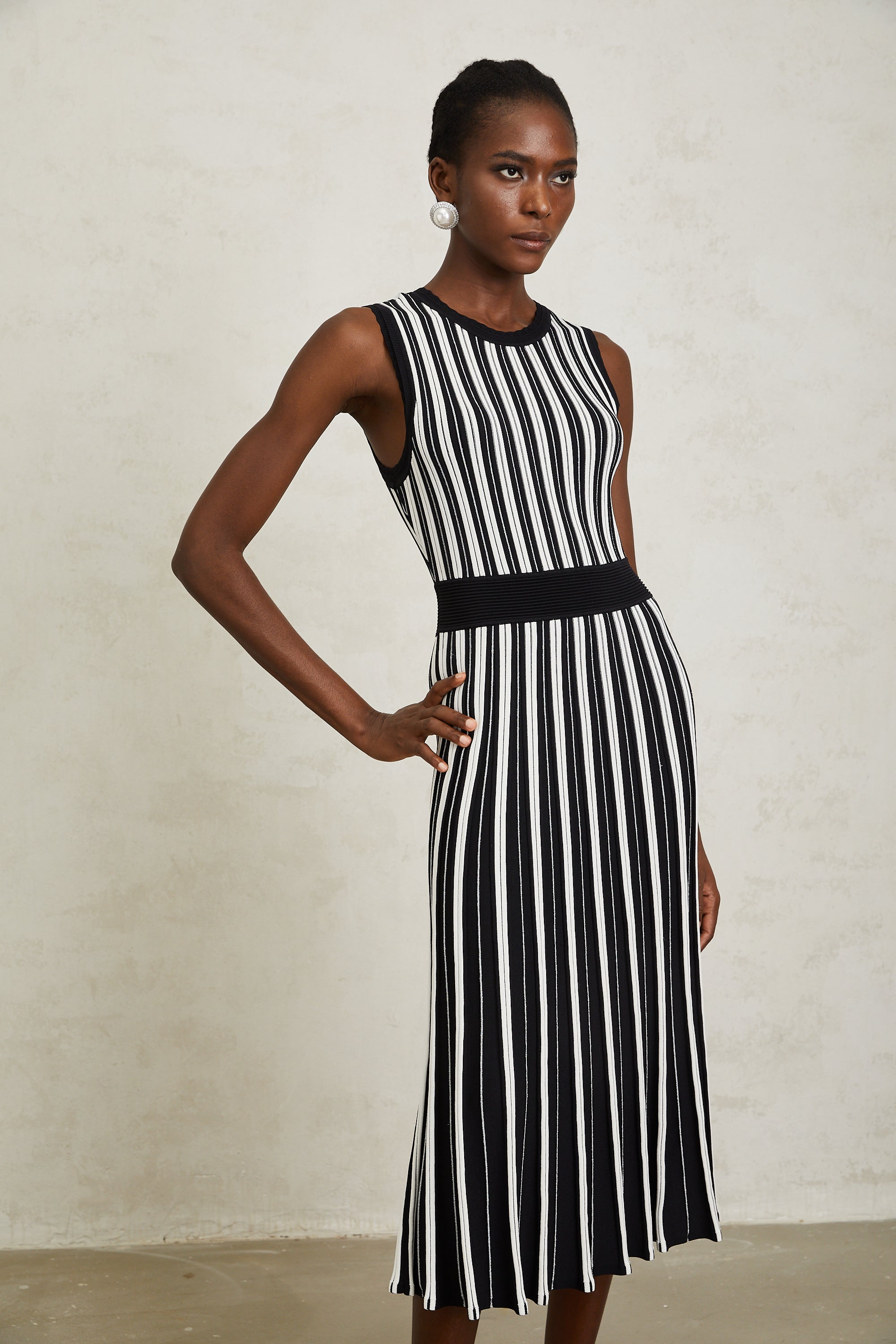 Capucine Black Vertical Striped Knit Midi Dress