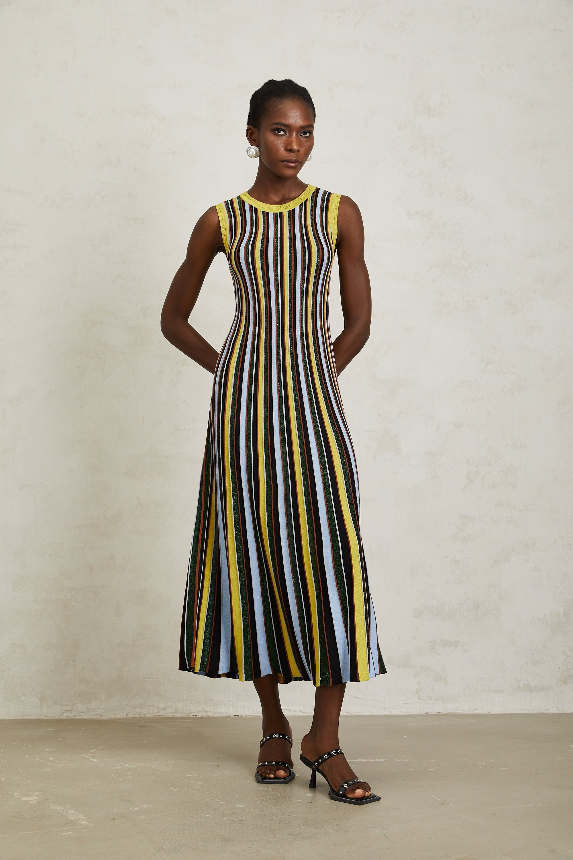 Clémence Yellow Vertical Striped Knit Midi Dress