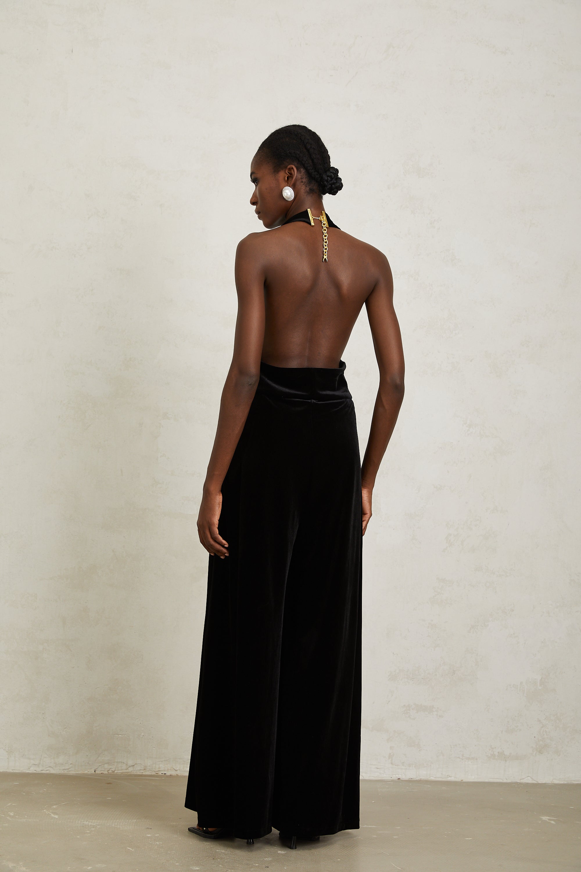 Valentine Black Halterneck Velvet Jumpsuit