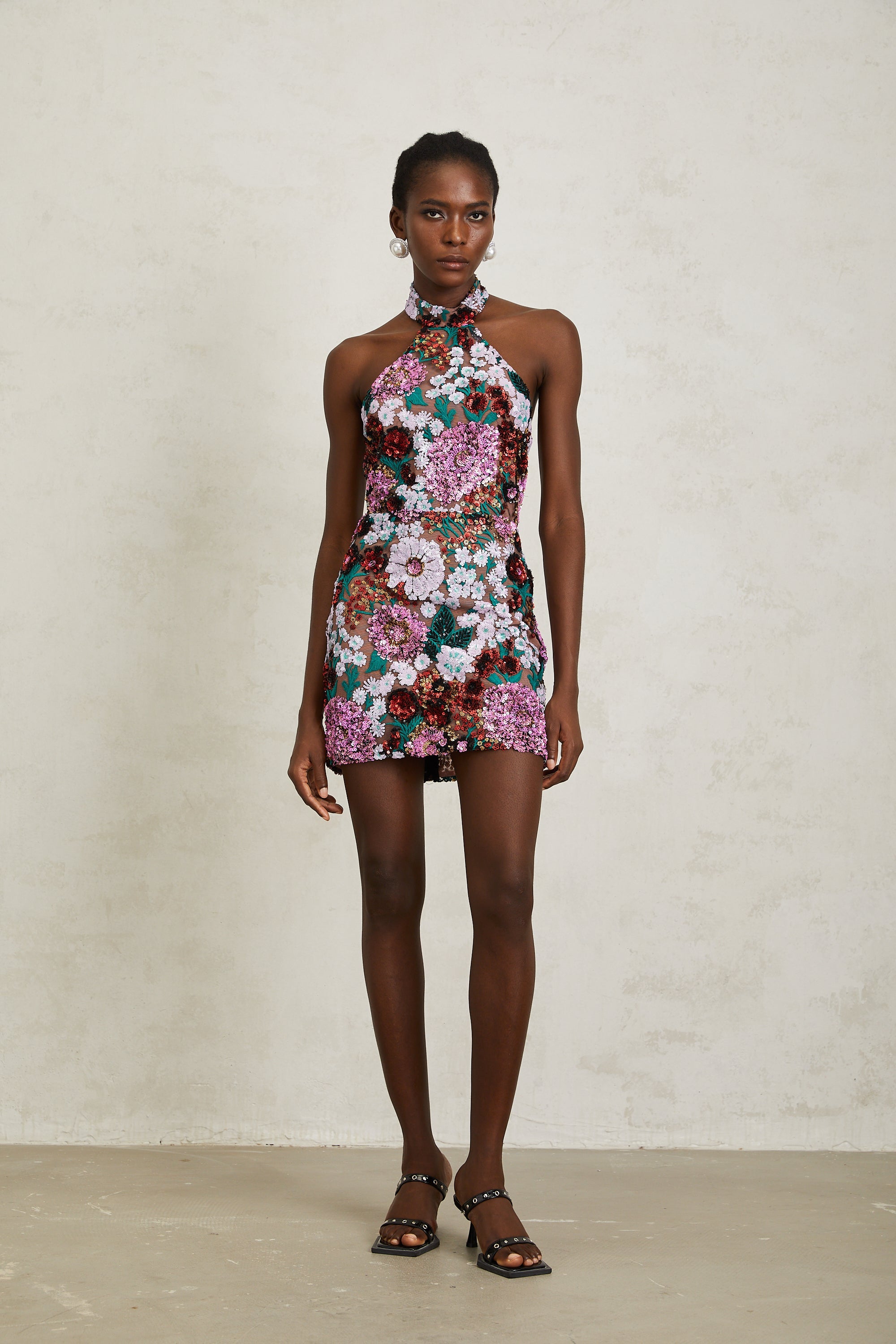 Clara Purple Sequined Floral Embroidered Mini Dress