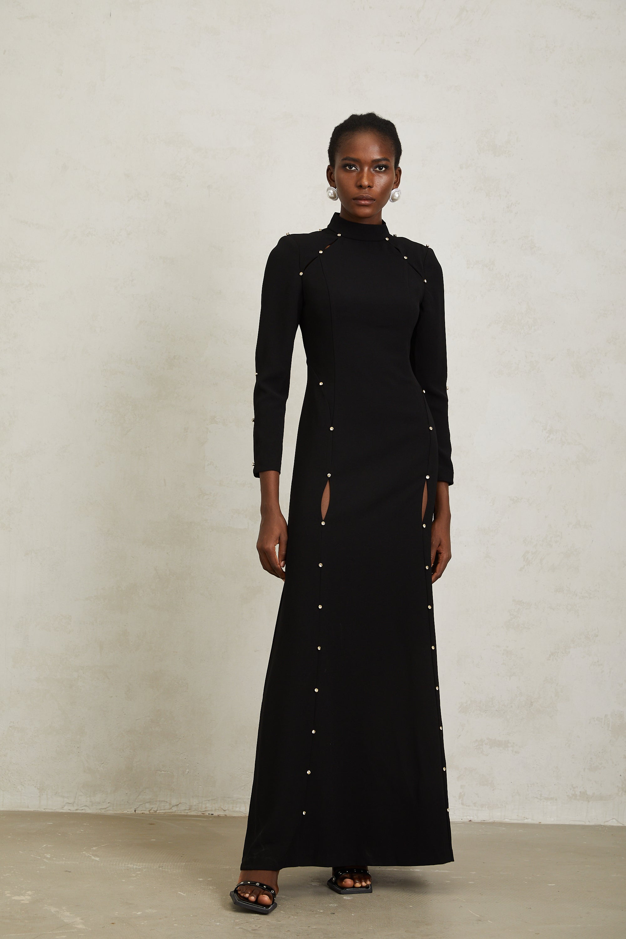 Fátima Black Rhinestone Cut Out Maxi Dress