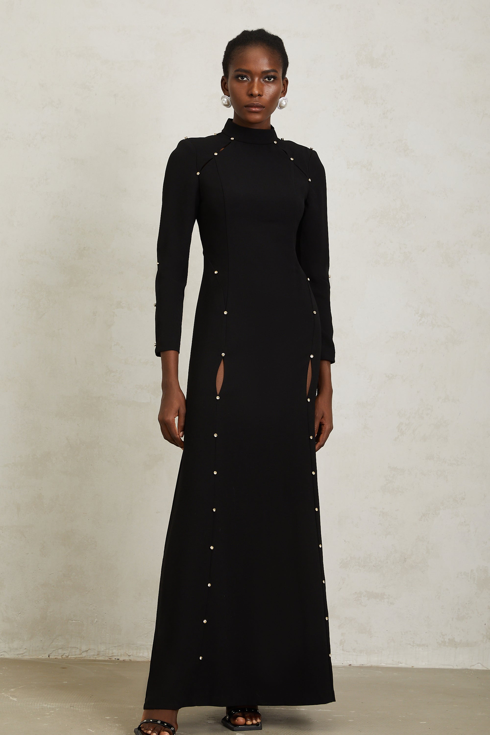 Fátima Black Rhinestone Cut Out Maxi Dress