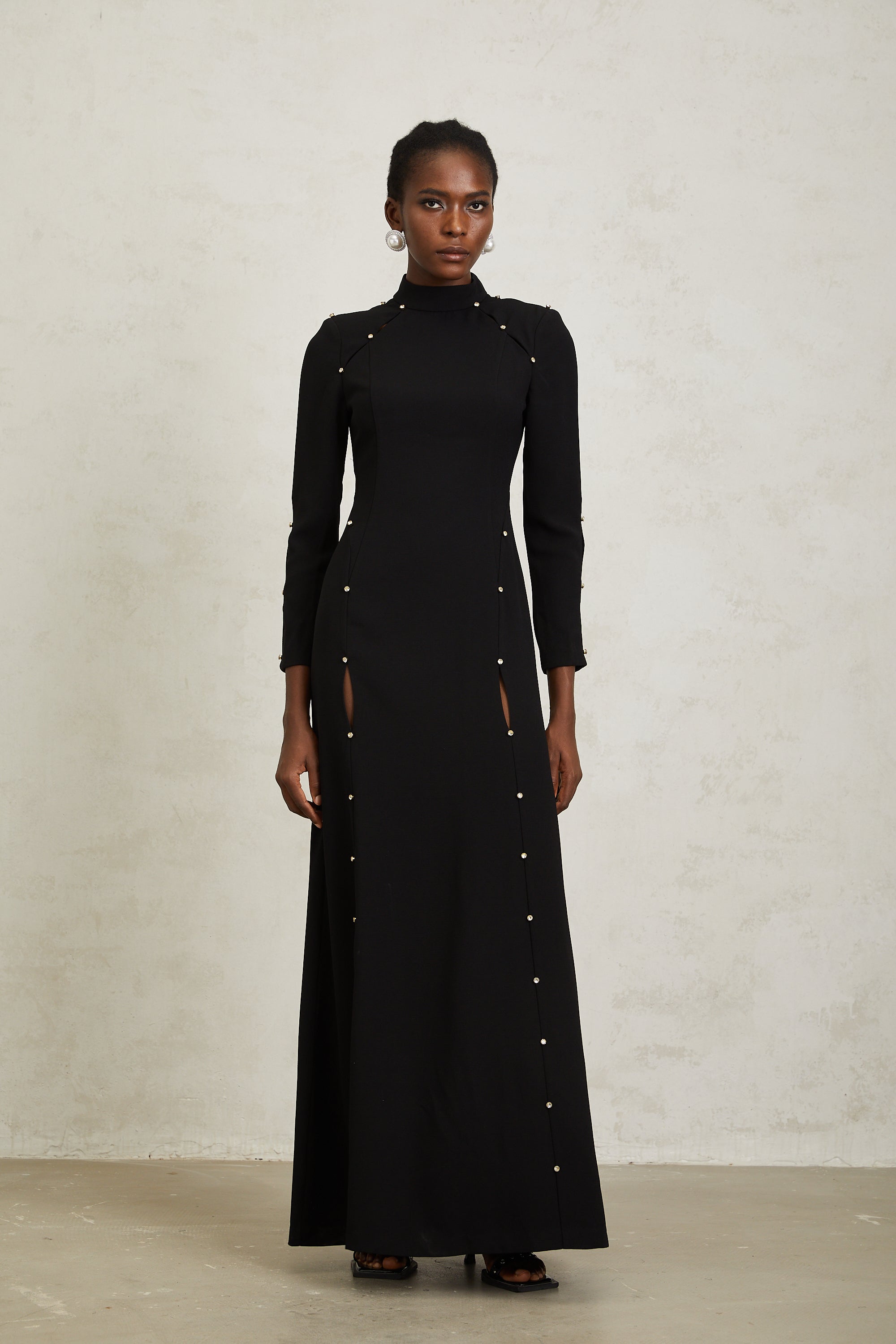 Fátima Black Rhinestone Cut Out Maxi Dress