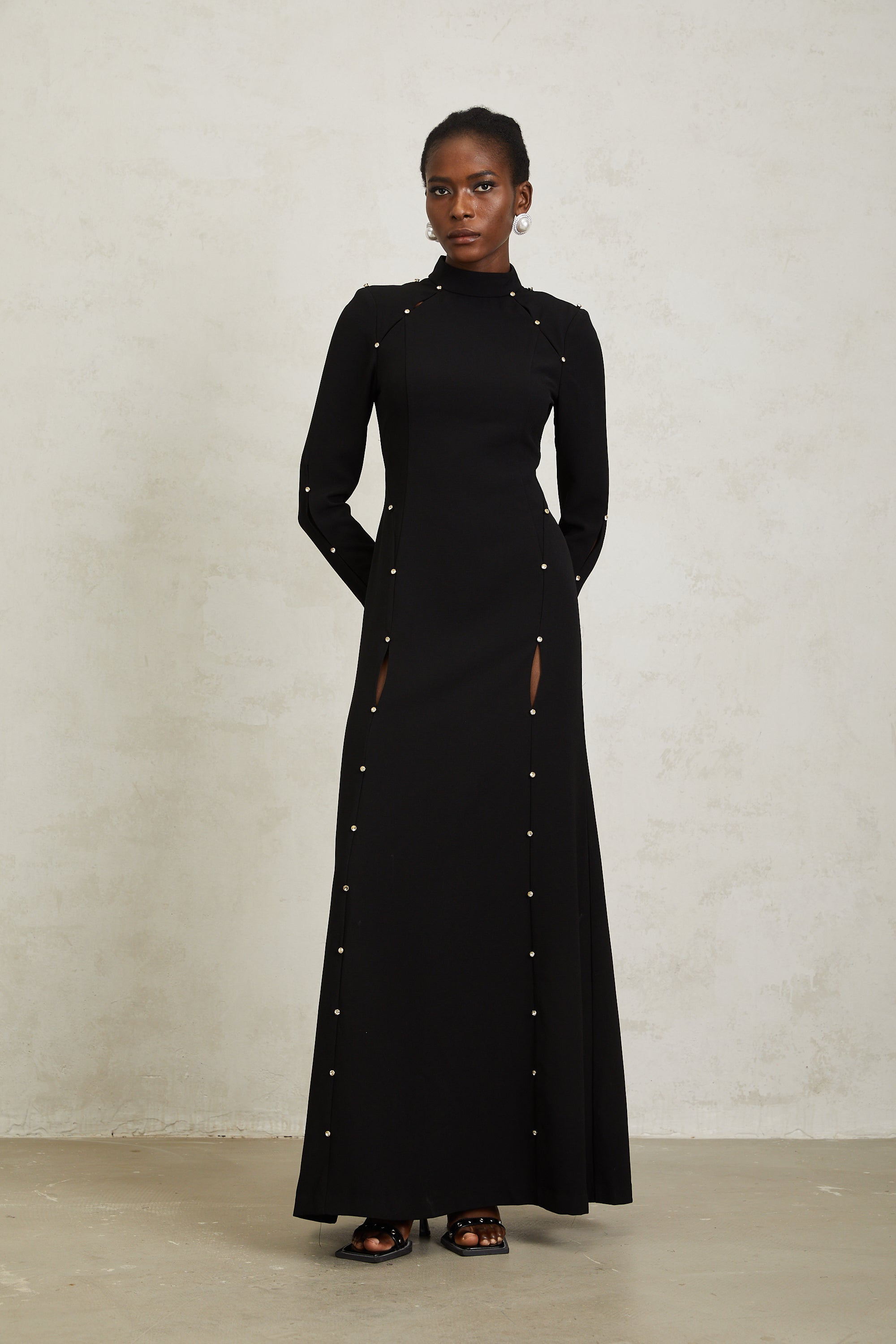 Fátima Black Rhinestone Cut Out Maxi Dress