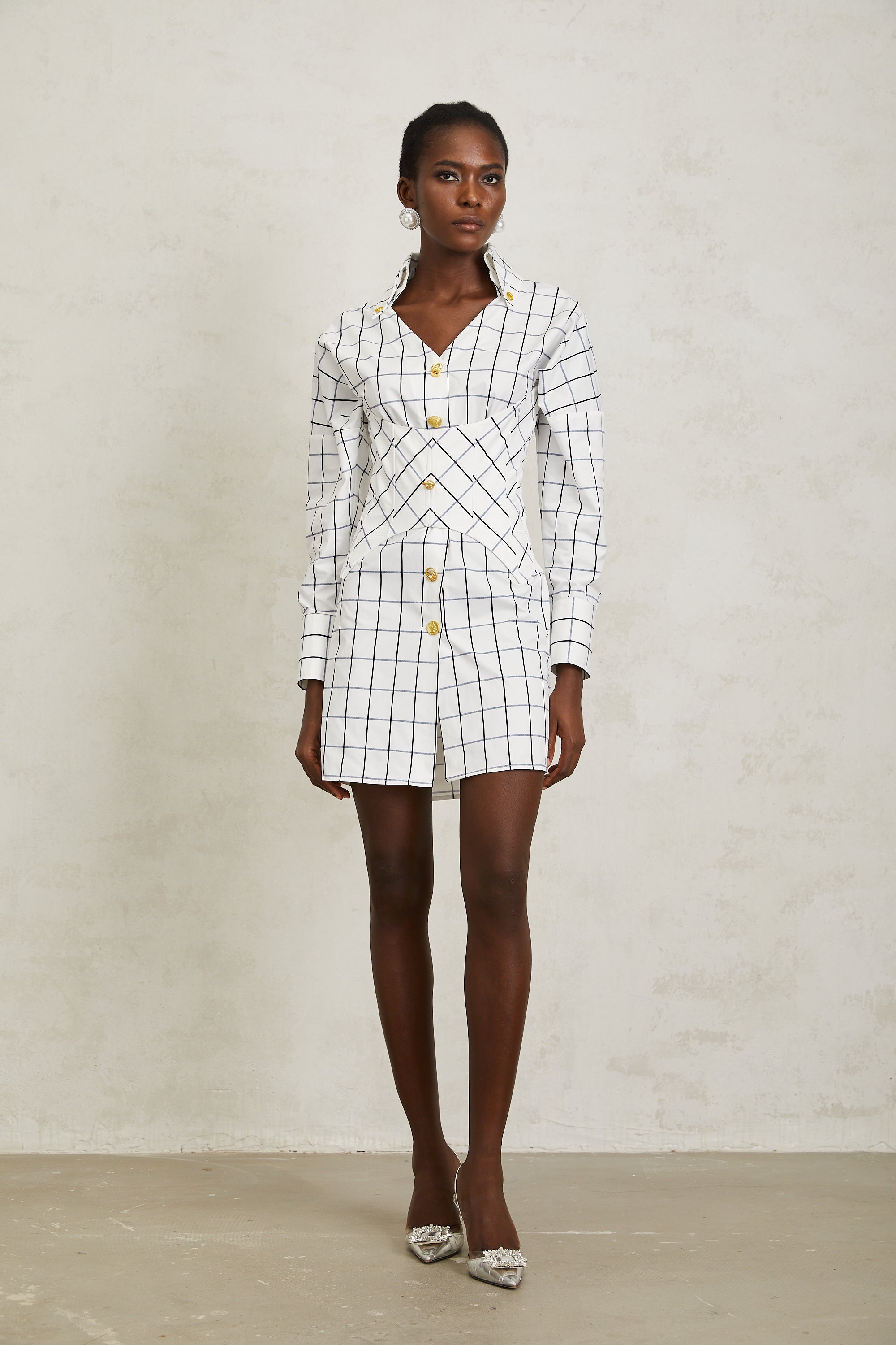 Quintina White Check Pettern Mini Shirt Dress (Final Sale-US Only)