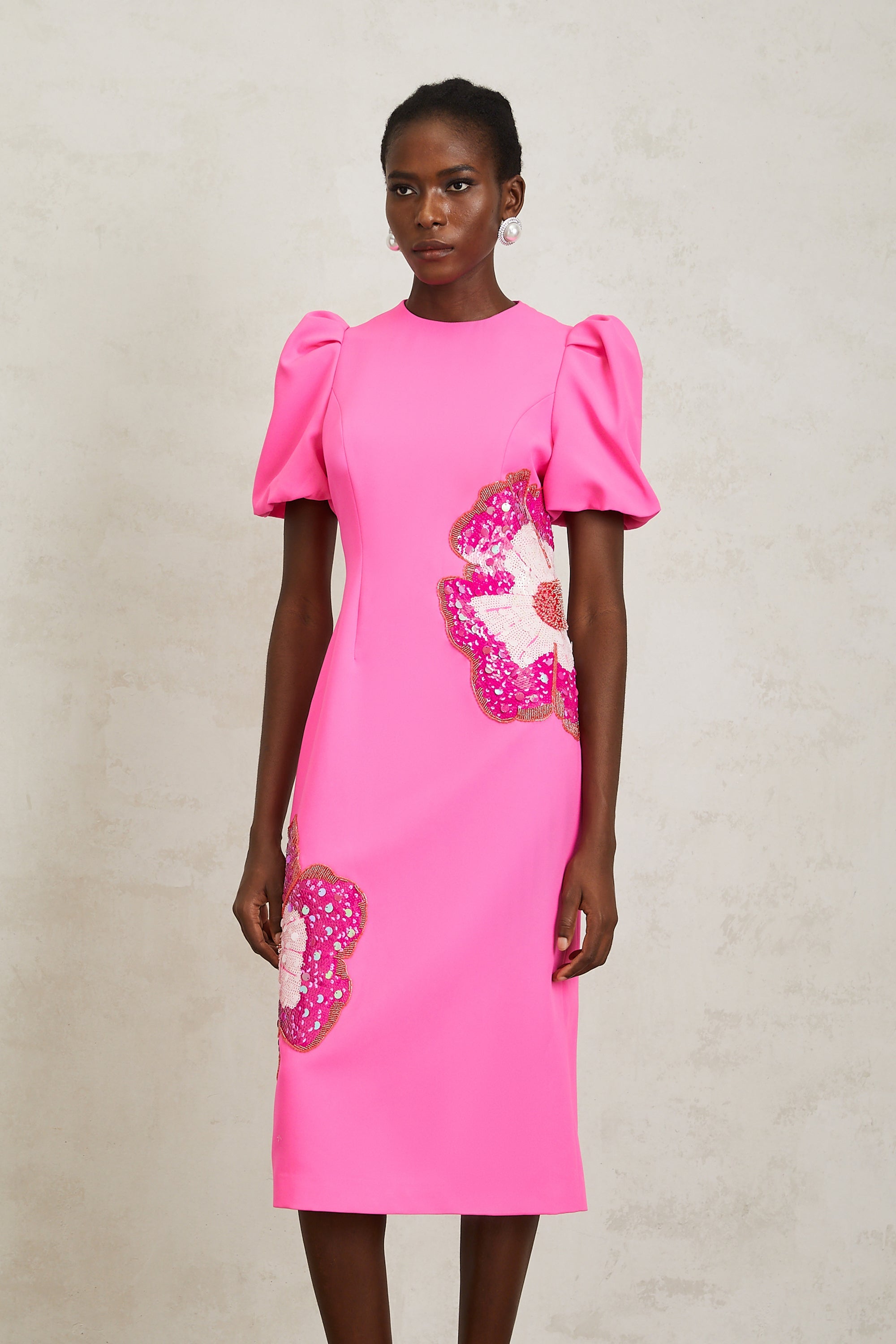 Ángela Pink Embellished Floral Midi Dress