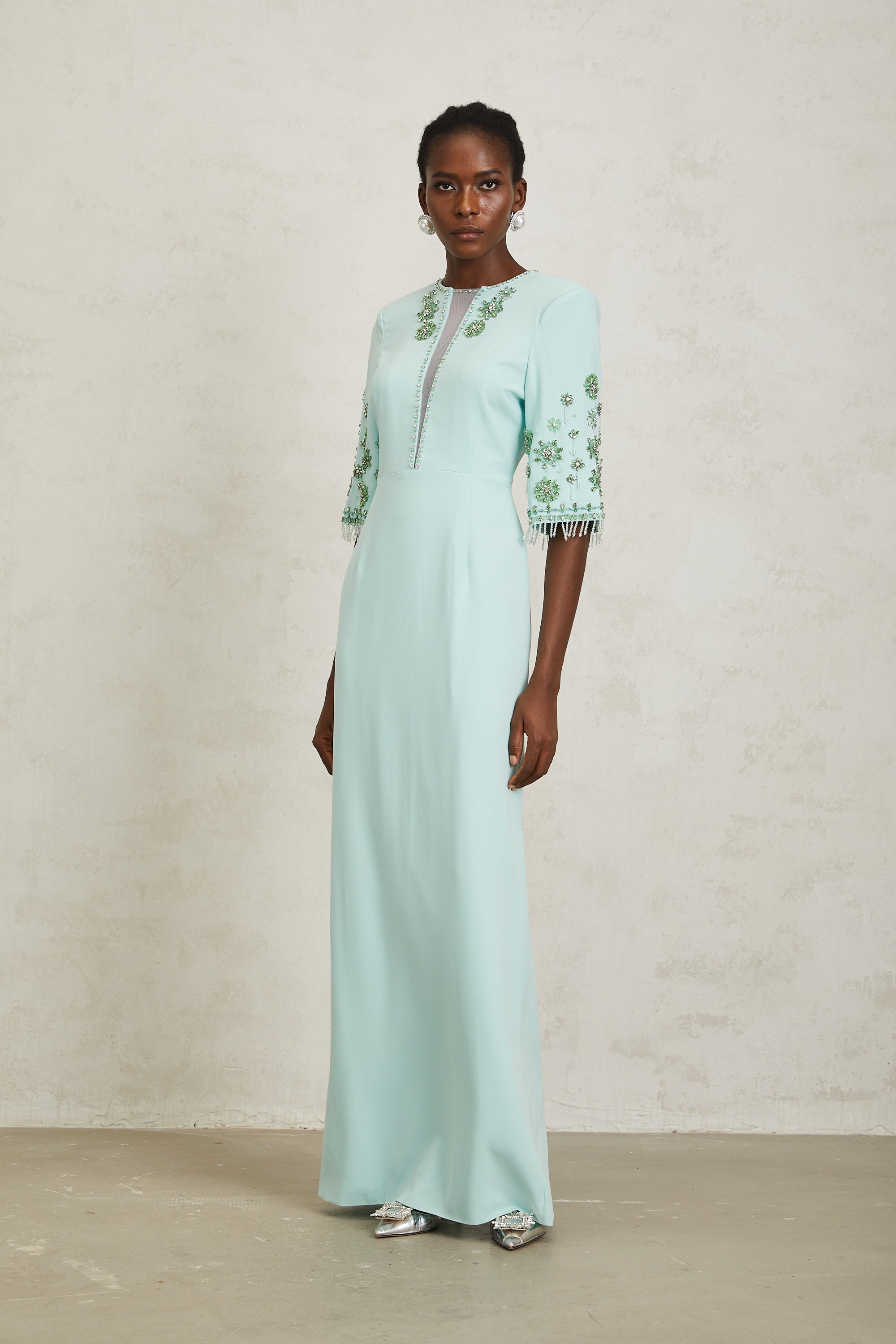 Manuela Mint Green Crystal Embellished Maxi Dress - green