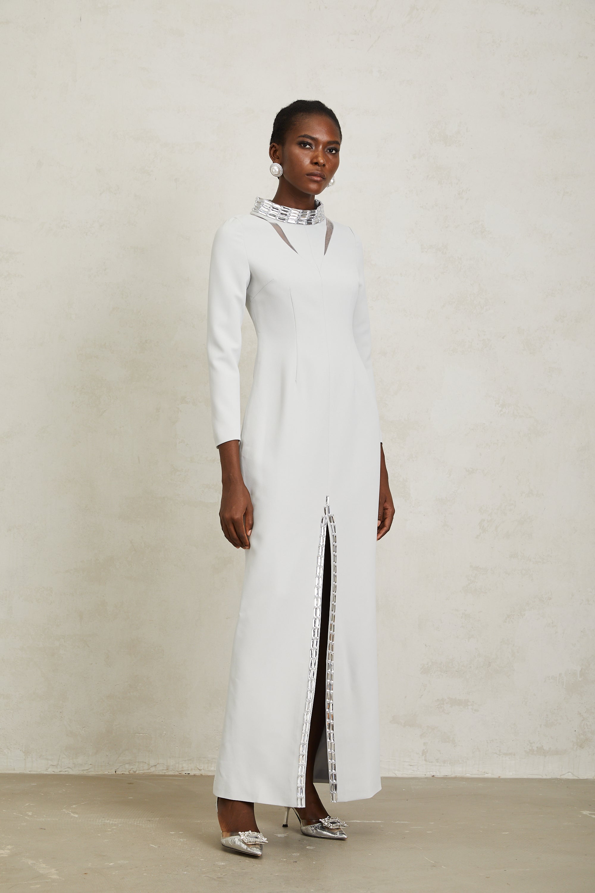 Magdalena Light Grey Crystal Embellished Maxi Dress - white