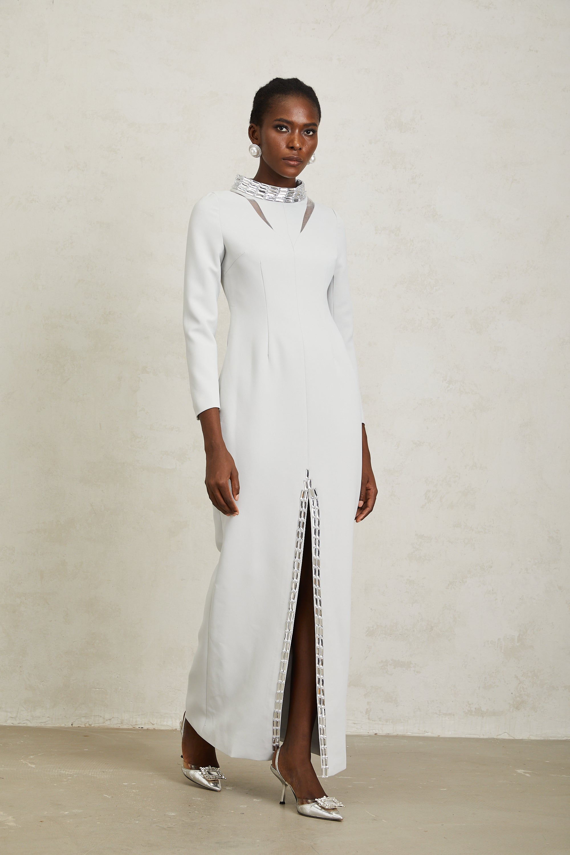 Magdalena Light Grey Crystal Embellished Maxi Dress - white