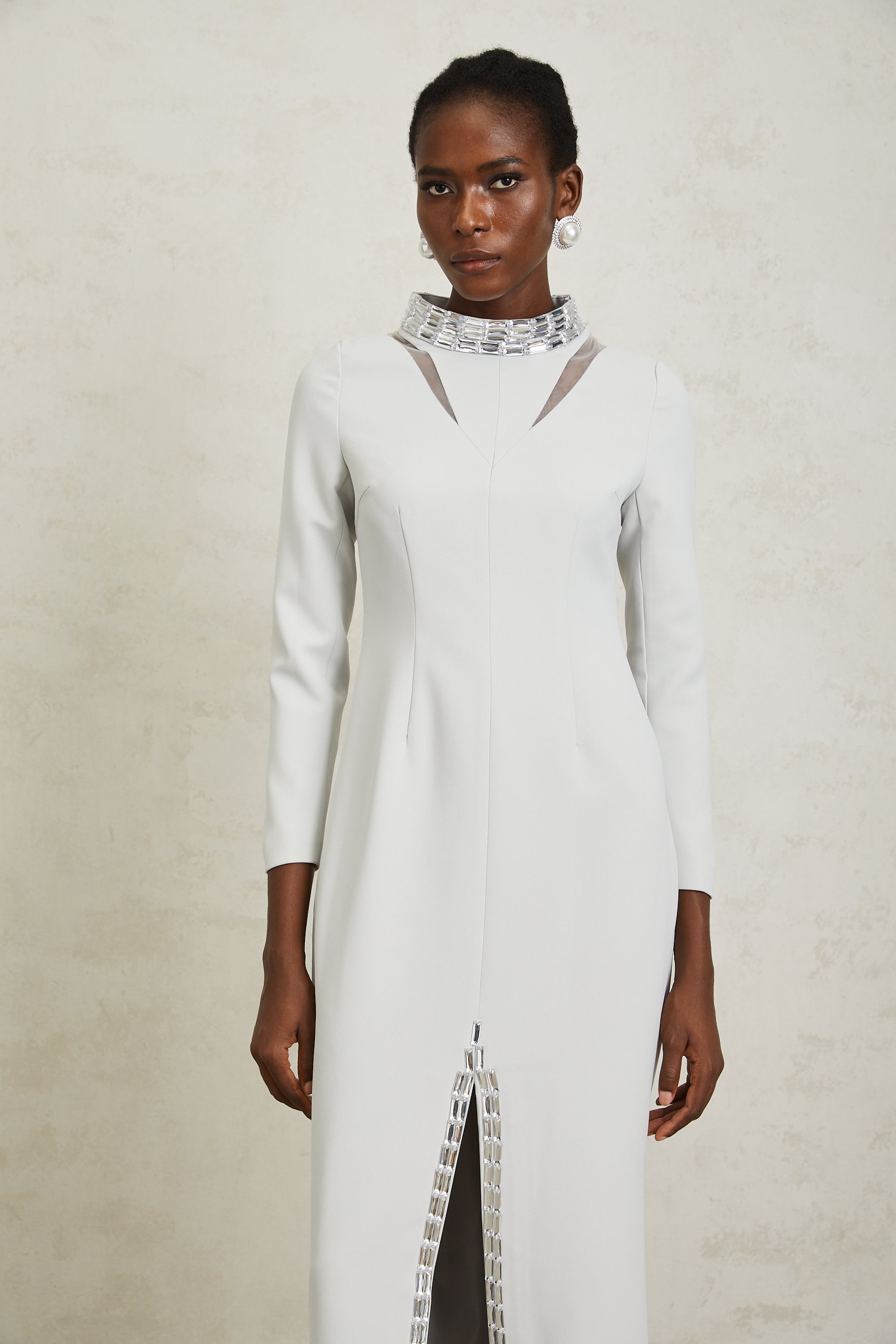 Magdalena Light Grey Crystal Embellished Maxi Dress - white