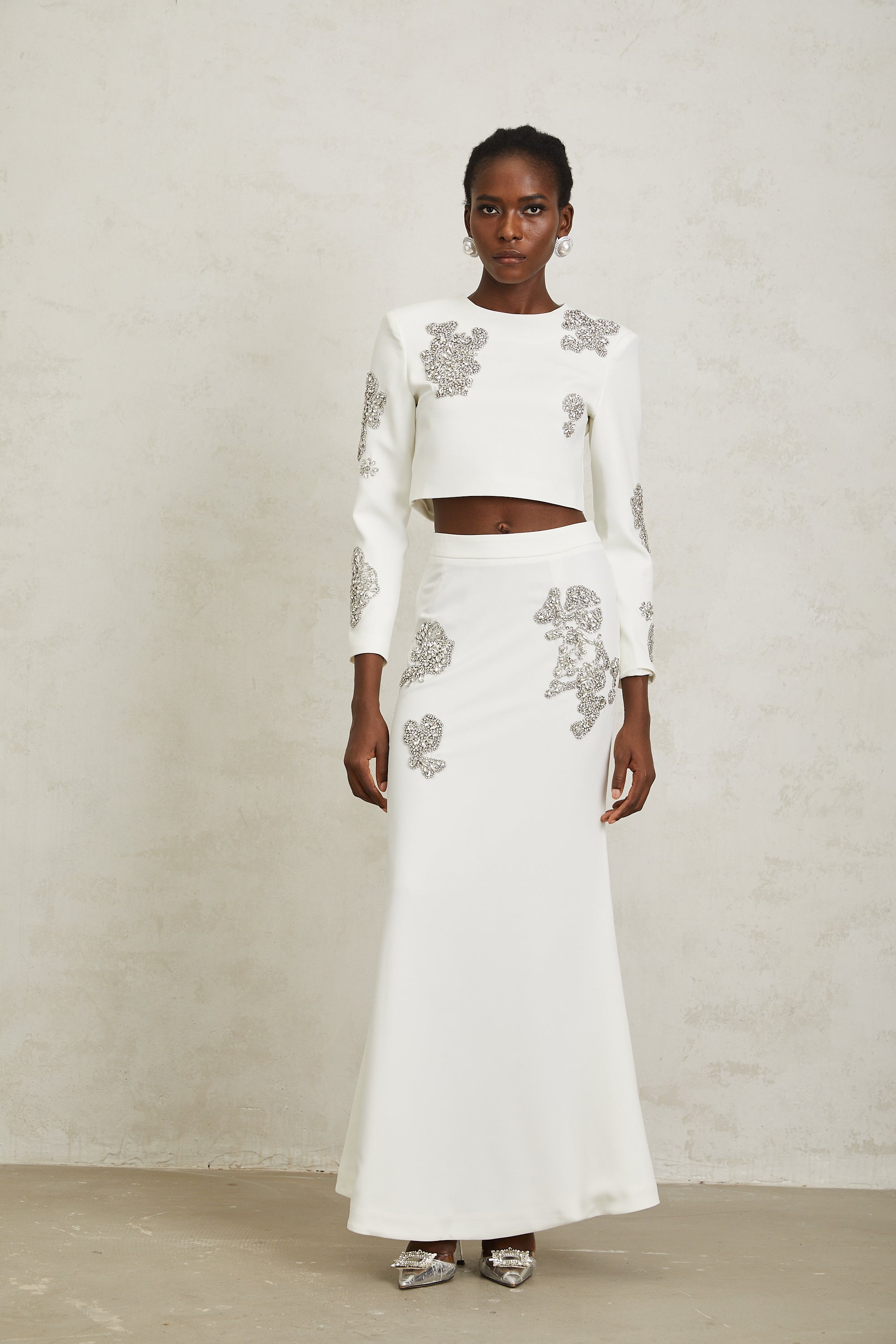 Luna White Crystal Embellished Top & Skirt Set - white