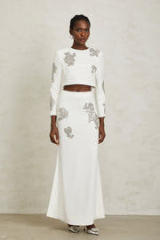 Luna White Crystal Embellished Top & Skirt Set - white