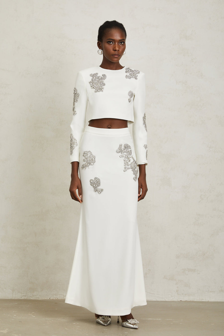 Luna White Crystal Embellished Top & Skirt Set - white