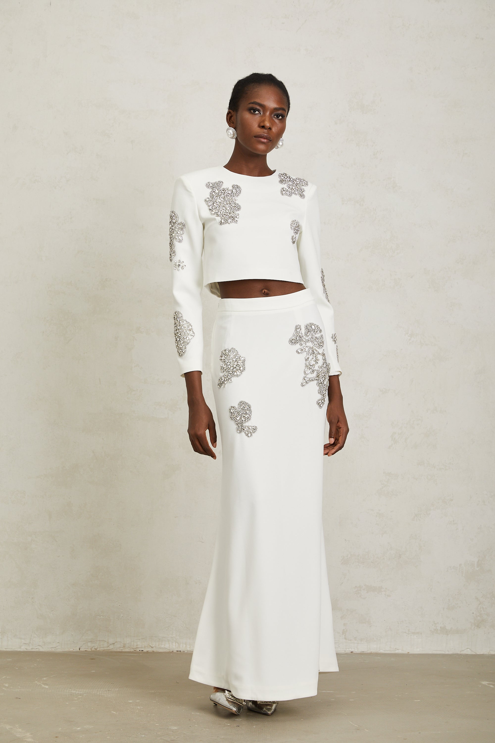 Luna White Crystal Embellished Top & Skirt Set - white