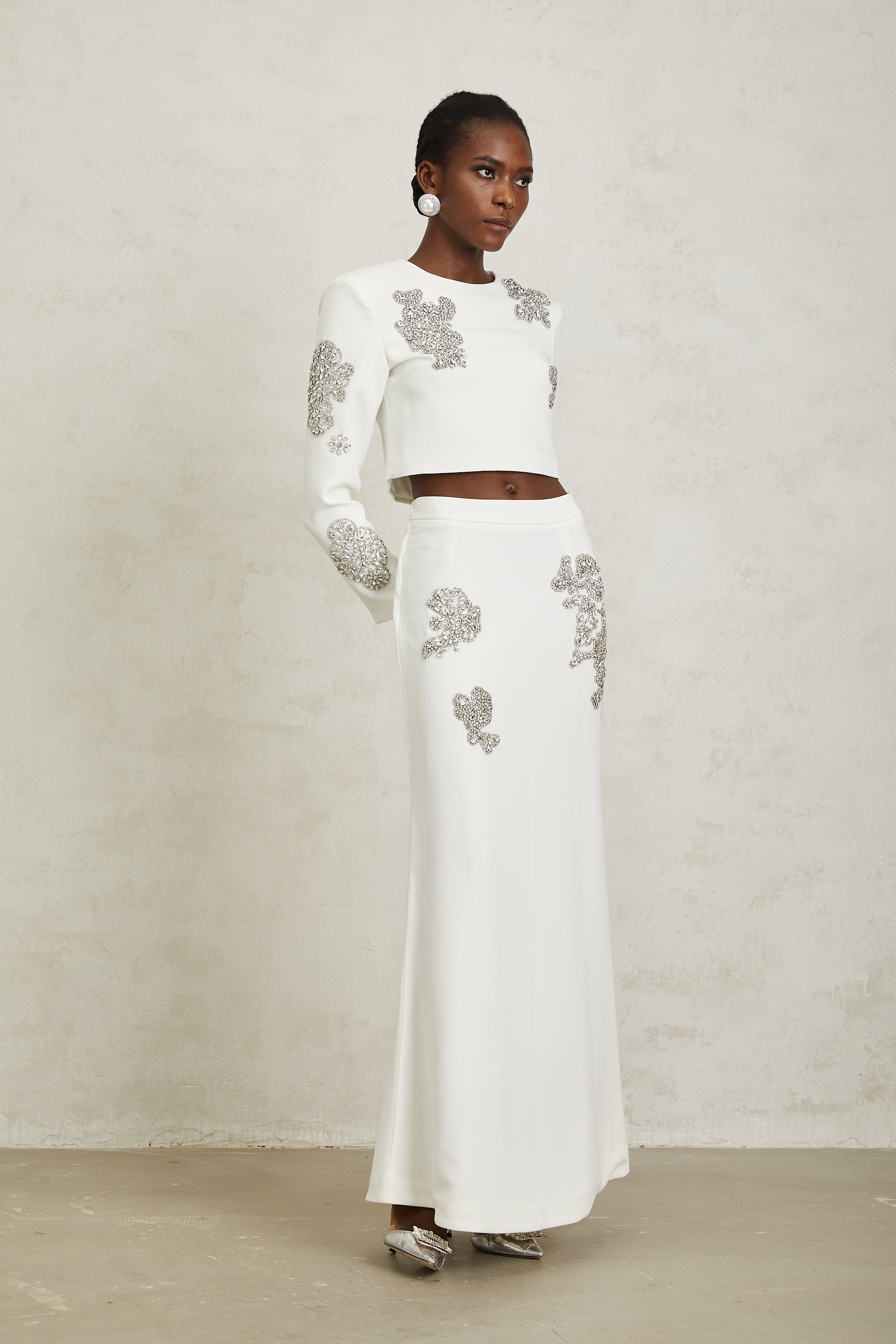 Luna White Crystal Embellished Top & Skirt Set - white