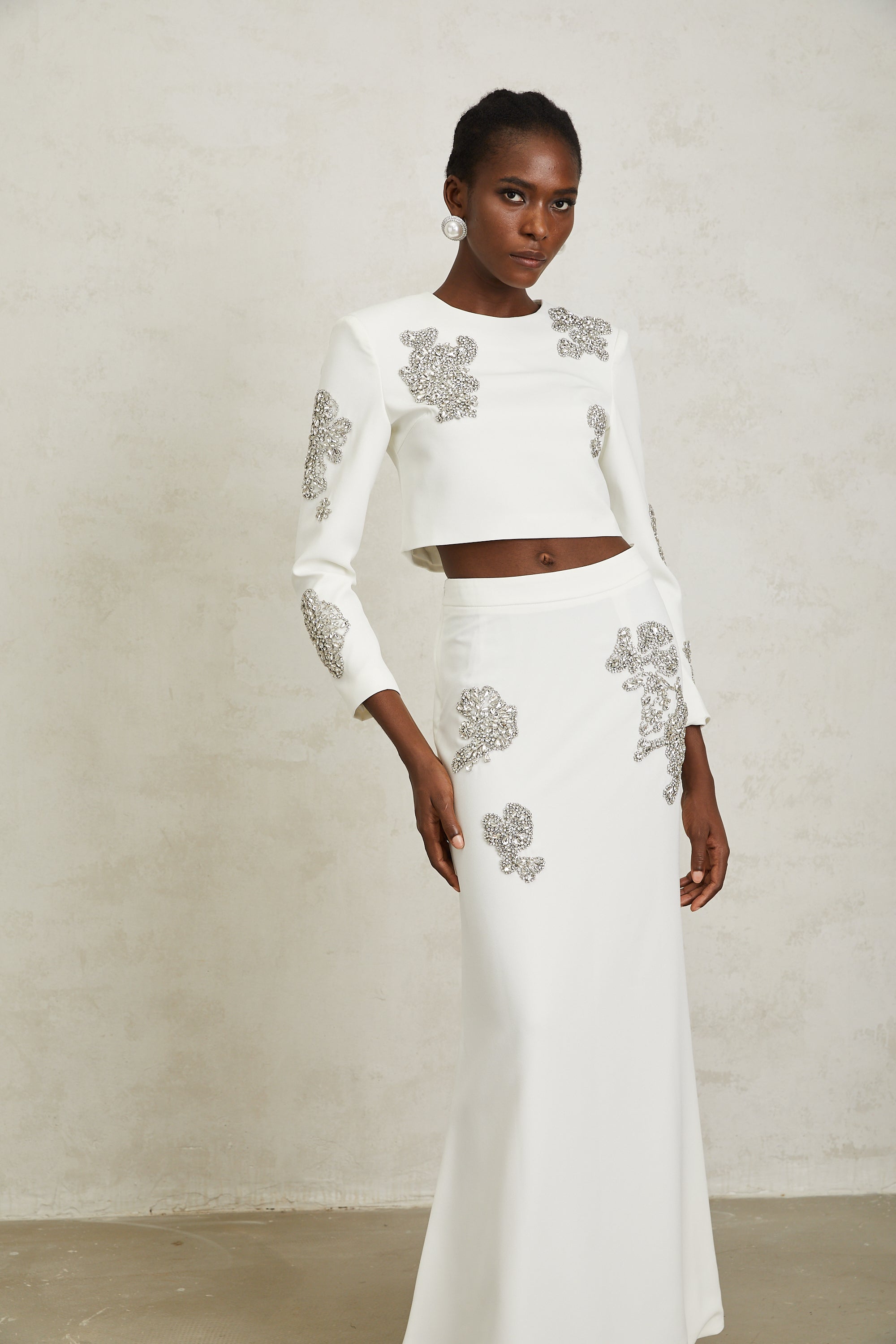 Luna White Crystal Embellished Top & Skirt Set - white