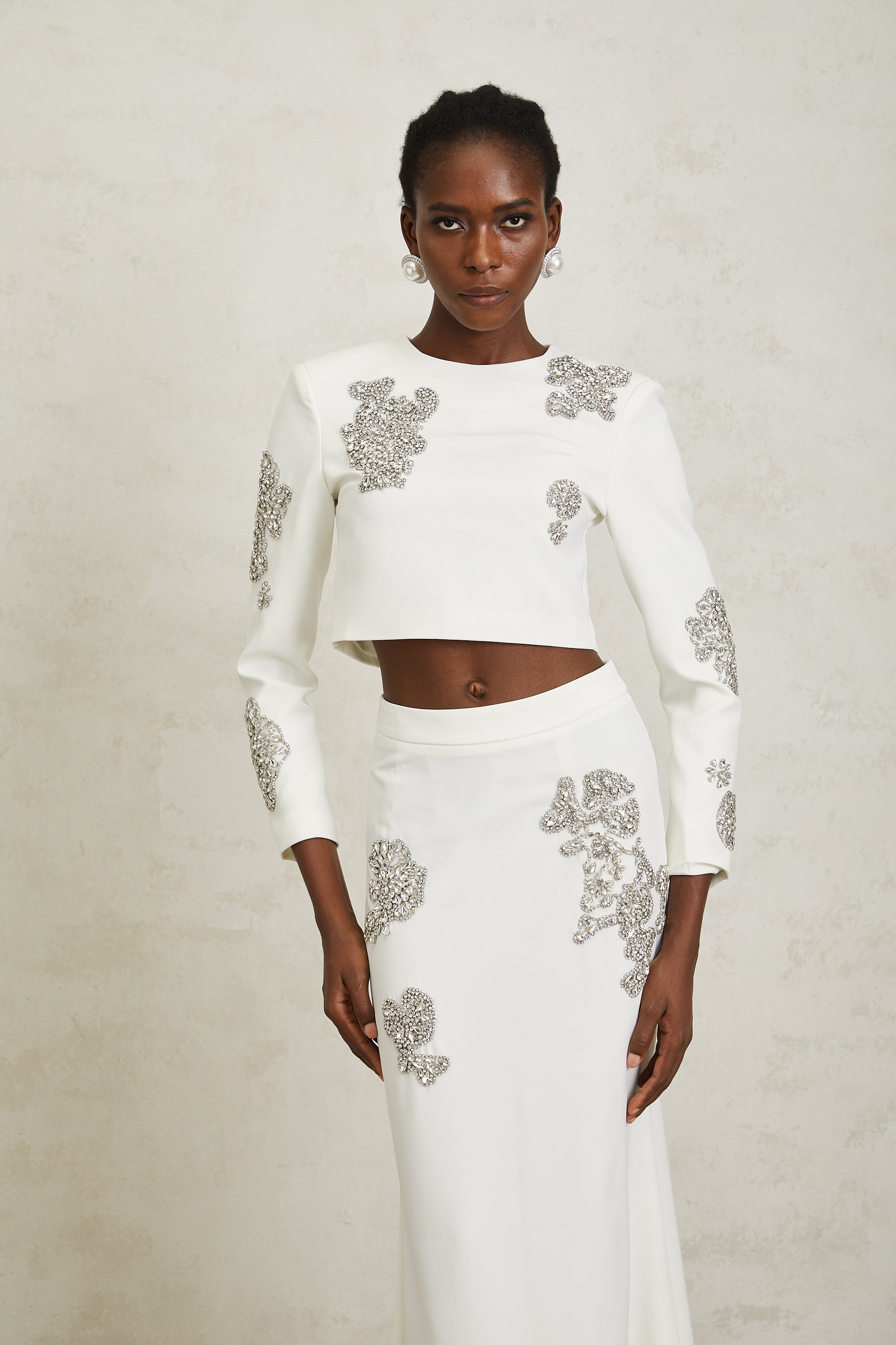 Luna White Crystal Embellished Top & Skirt Set - white