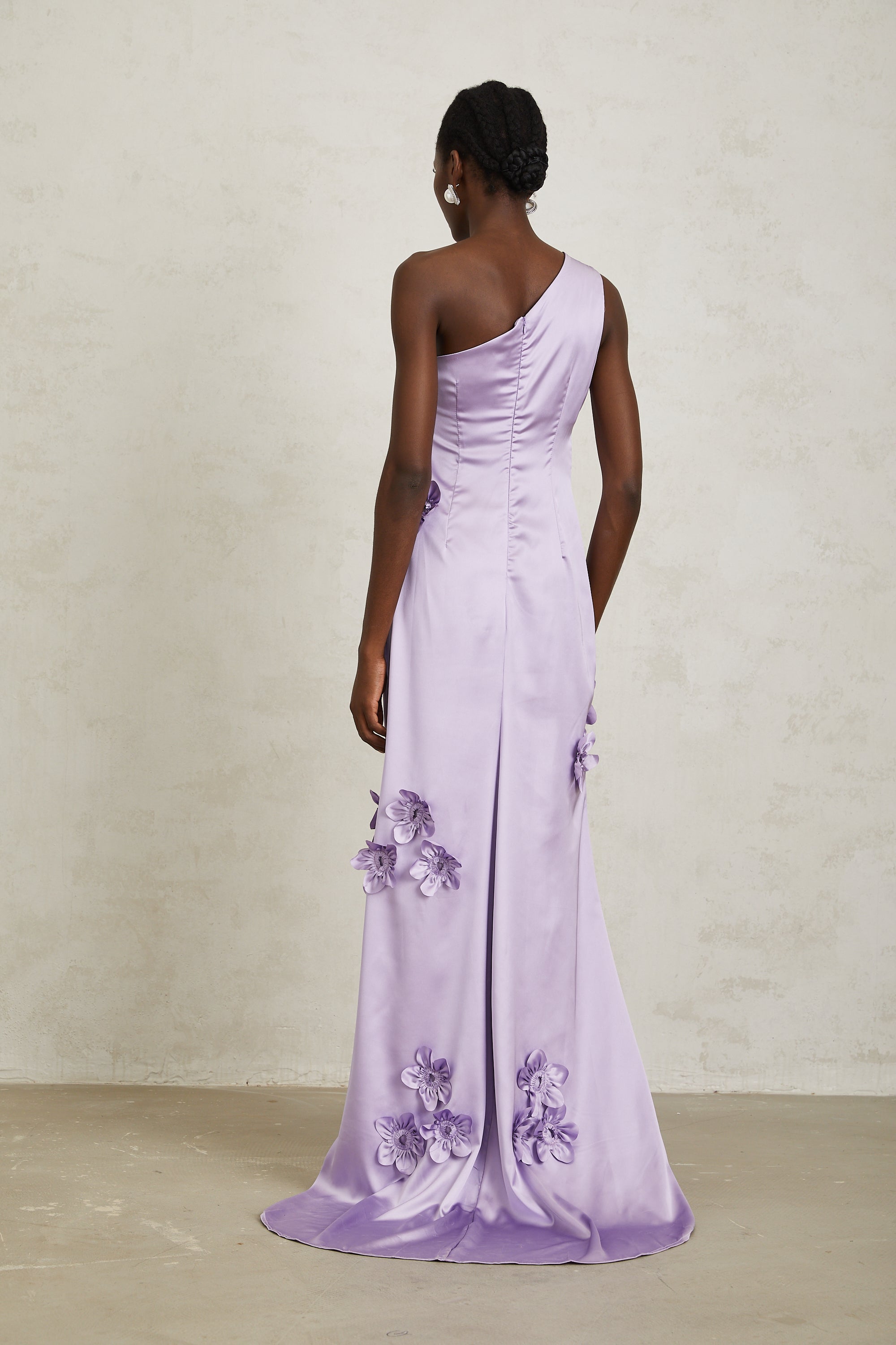 Magali Purple Mono Shoulder Floral Satin Maxi Dress