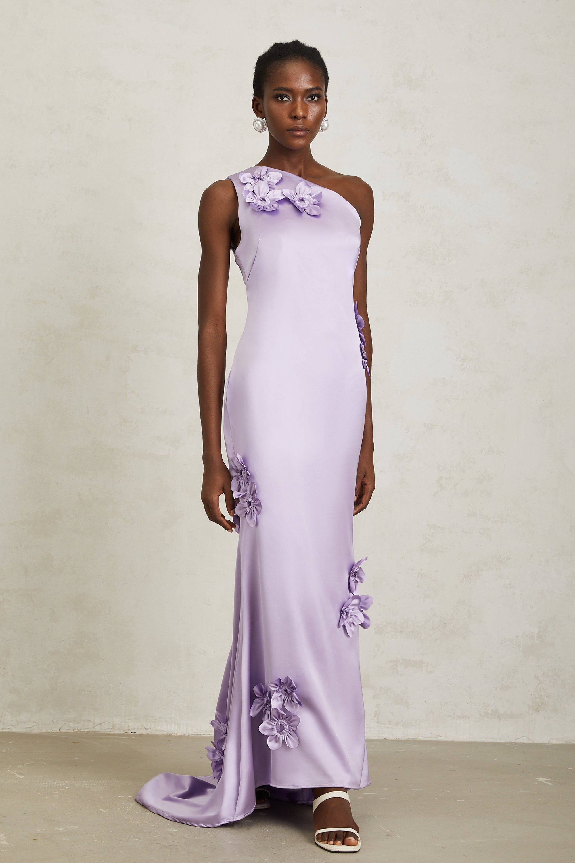 Magali Purple Mono Shoulder Floral Satin Maxi Dress