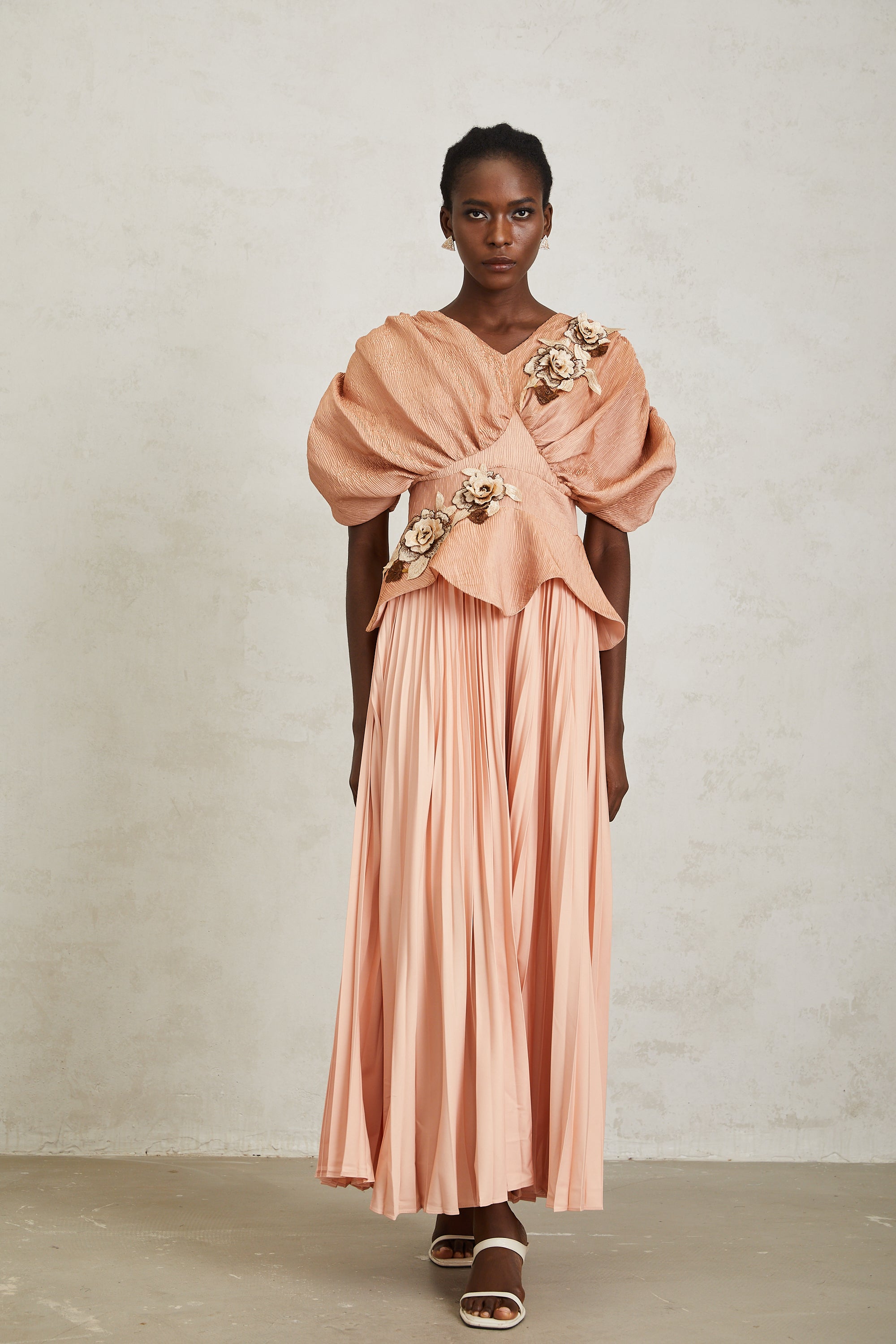 Camille Pink Floral Appliqué Pleated Maxi Dress (Final Sale-US Only)