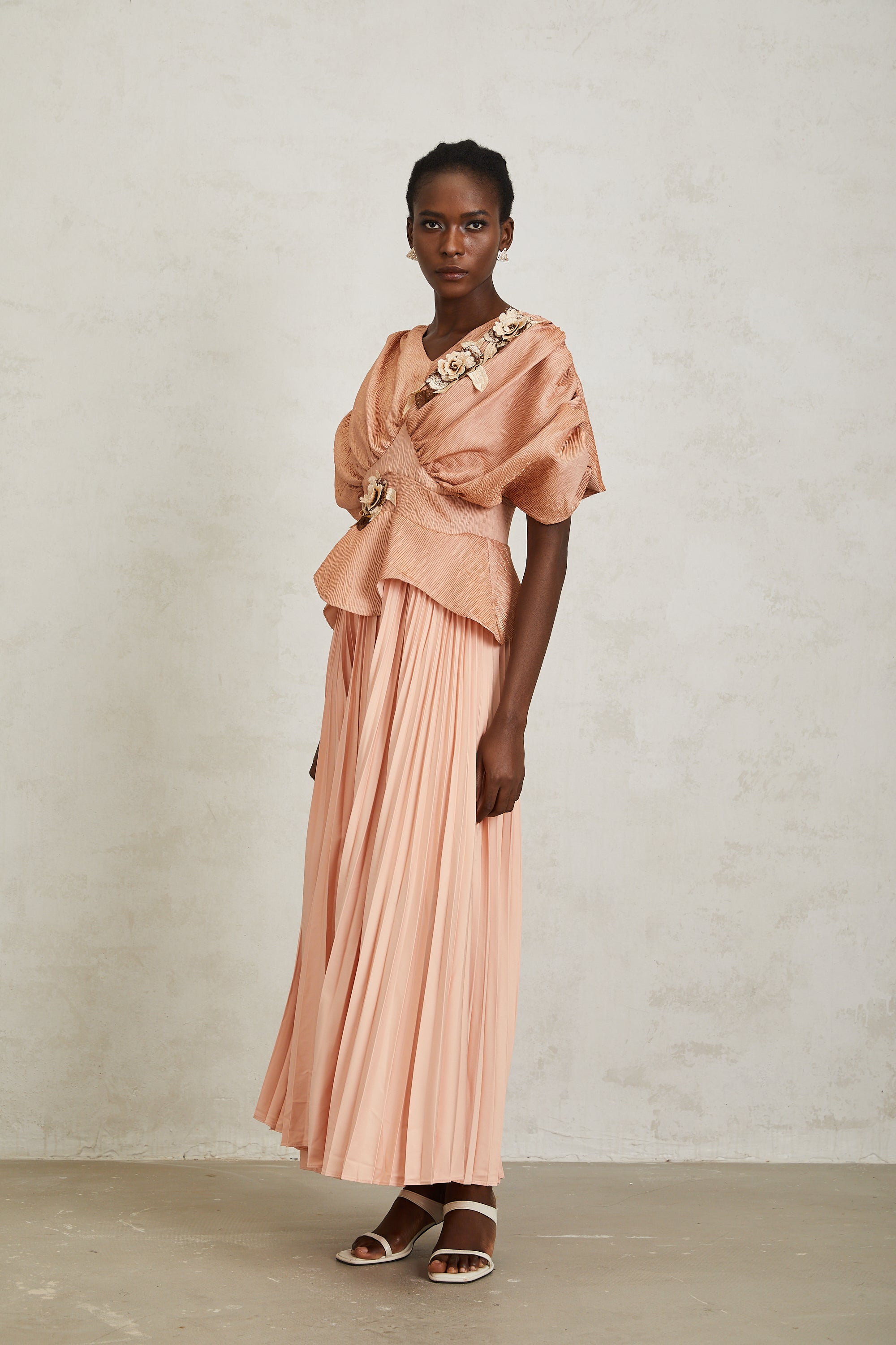 Camille Pink Floral Appliqué Pleated Maxi Dress (Final Sale-US Only)