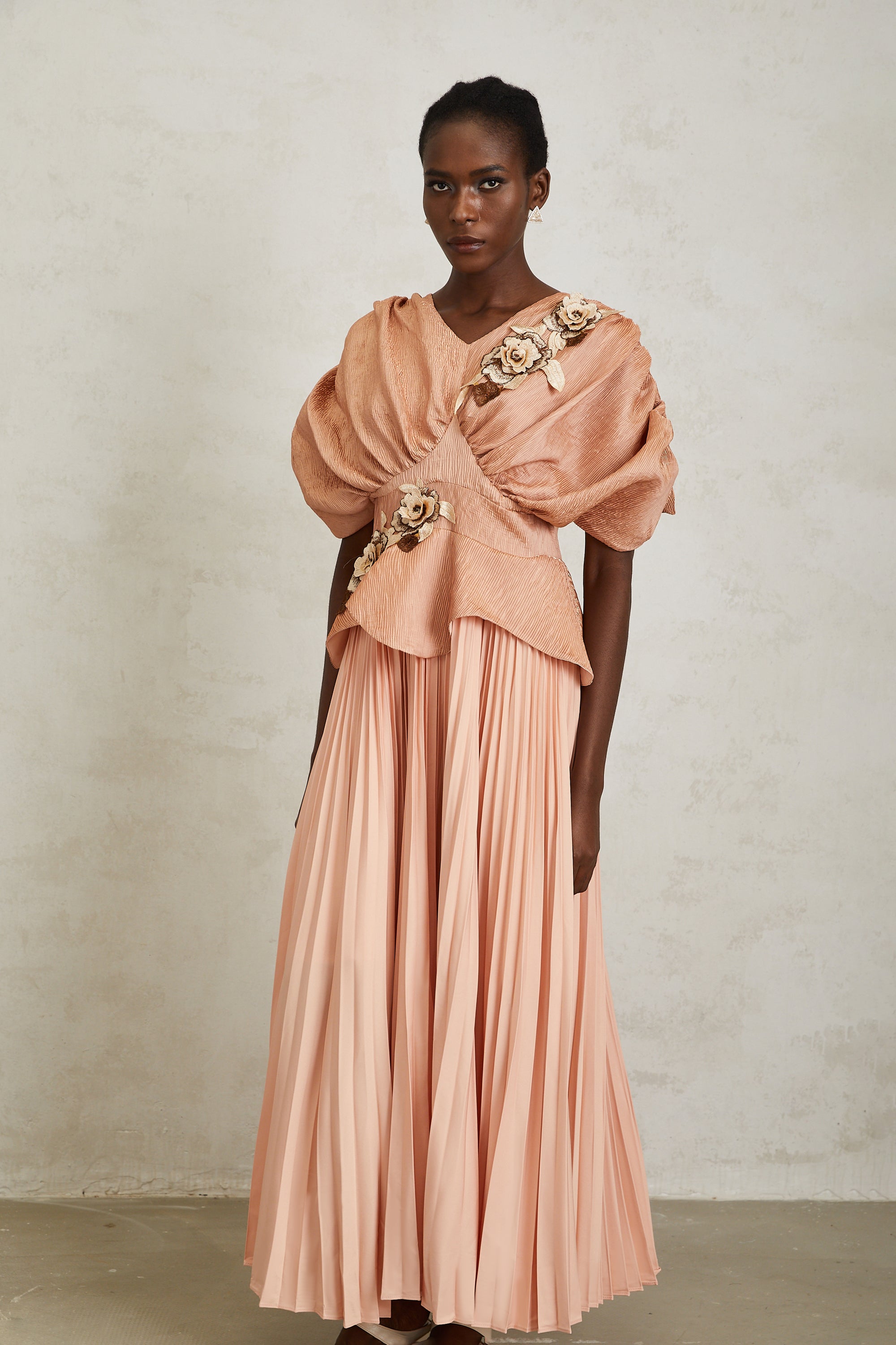 Camille Pink Floral Appliqué Pleated Maxi Dress (Final Sale-US Only)
