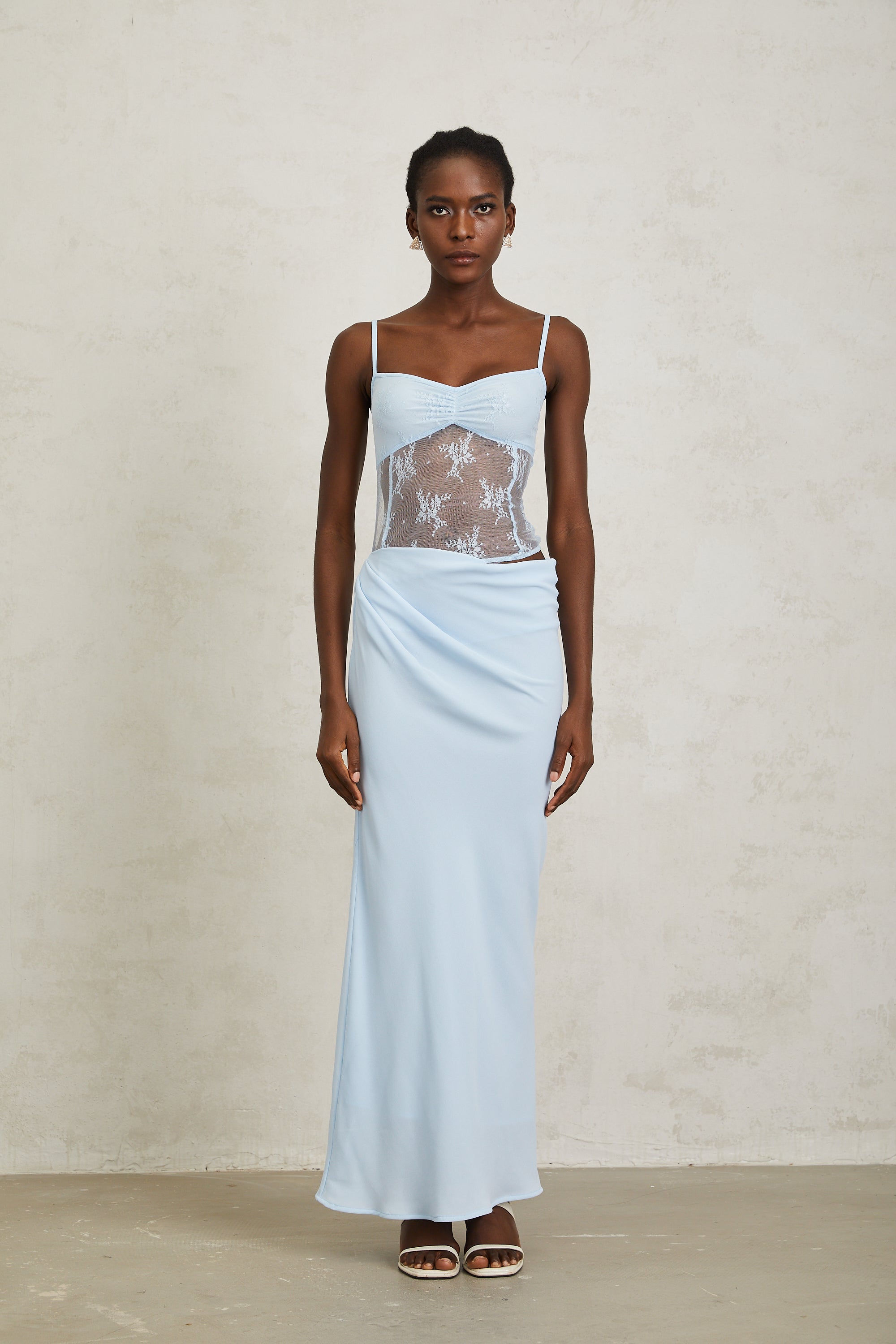 Maëlys Blue Floral Lace Panel Bustier Maxi Dress (Final Sale)