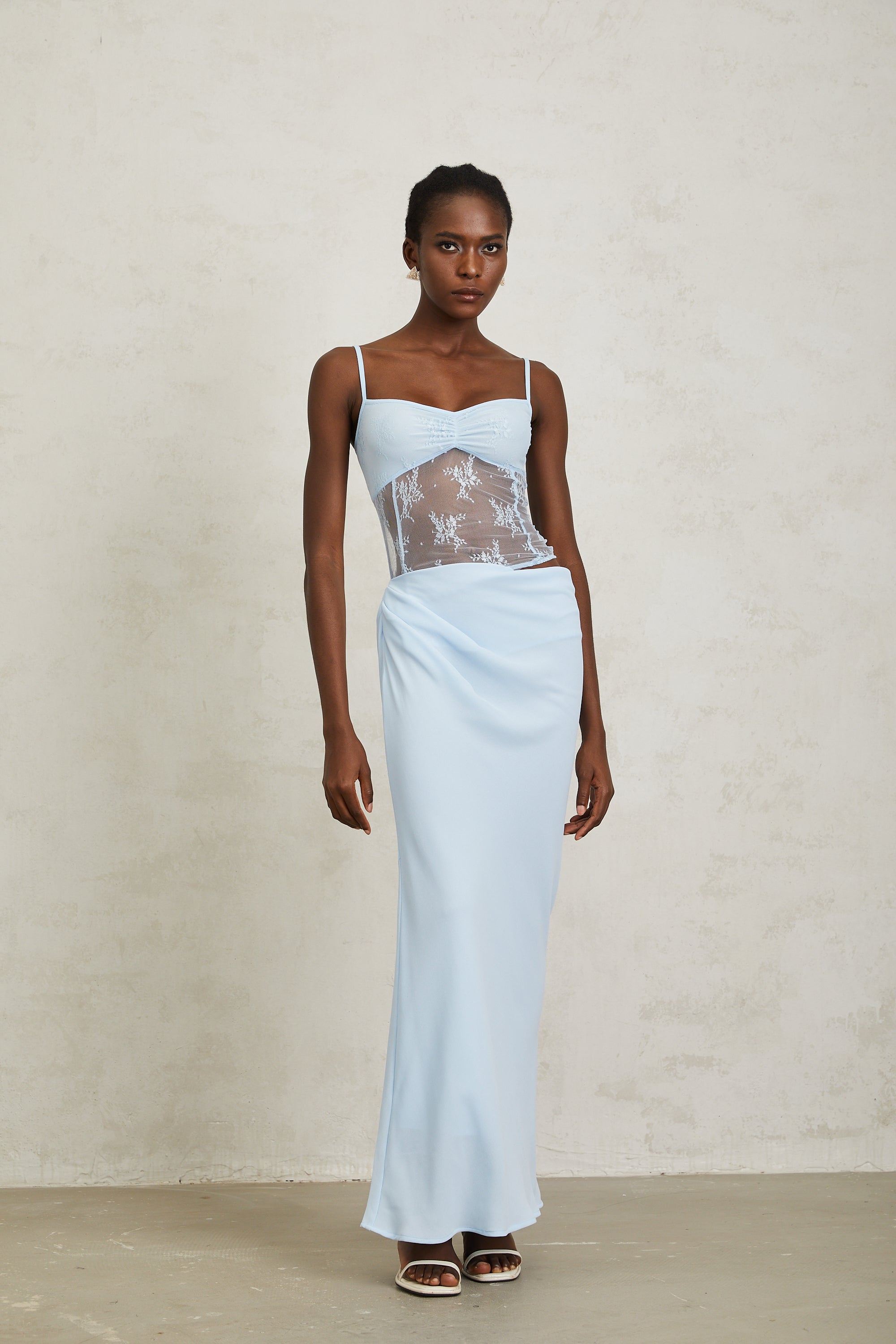 Maëlys Blue Floral Lace Panel Bustier Maxi Dress (Final Sale)