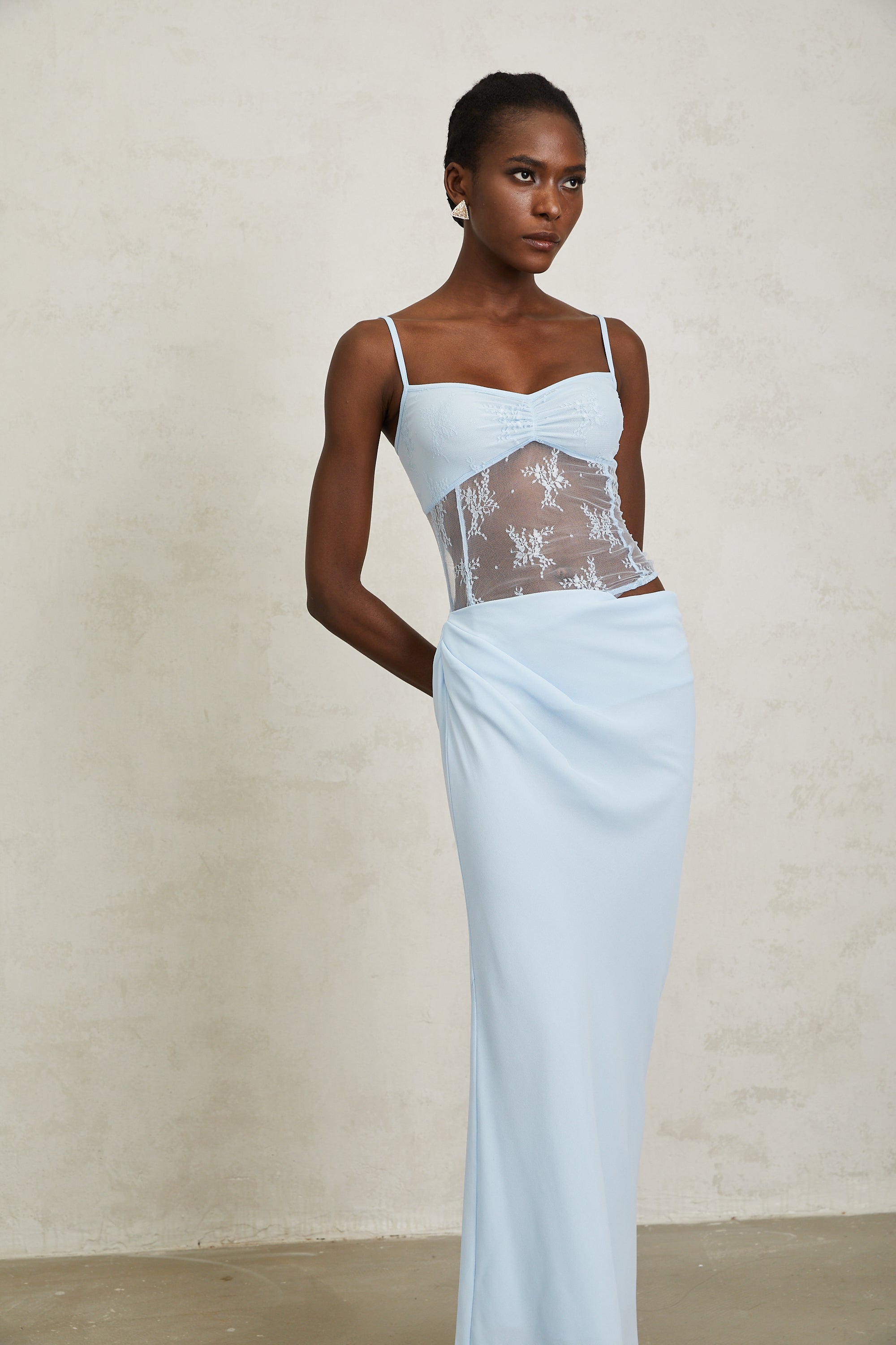 Maëlys Blue Floral Lace Panel Bustier Maxi Dress (Final Sale)