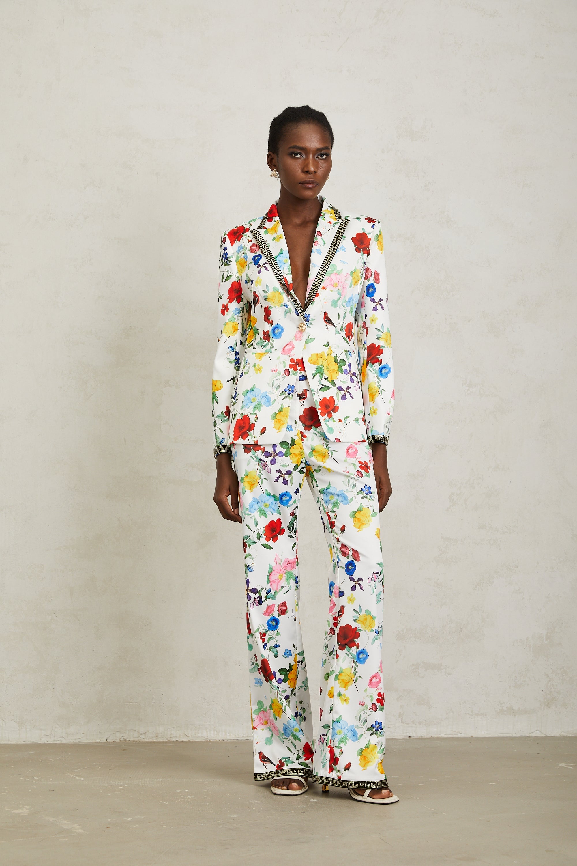 Lucía White Labyrinth Trim Floral Blazer & Trousers Set
