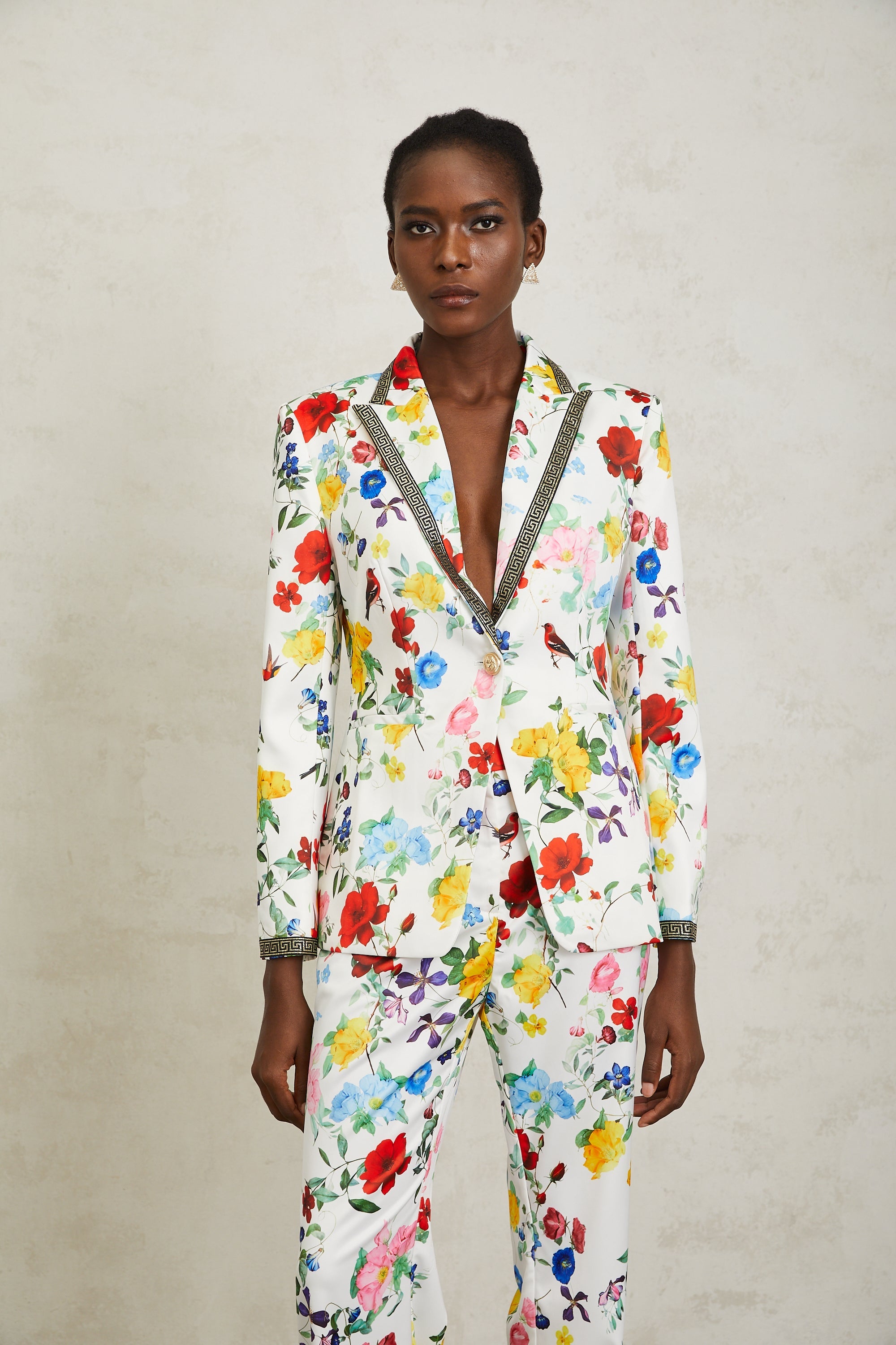 Lucía White Labyrinth Trim Floral Blazer & Trousers Set