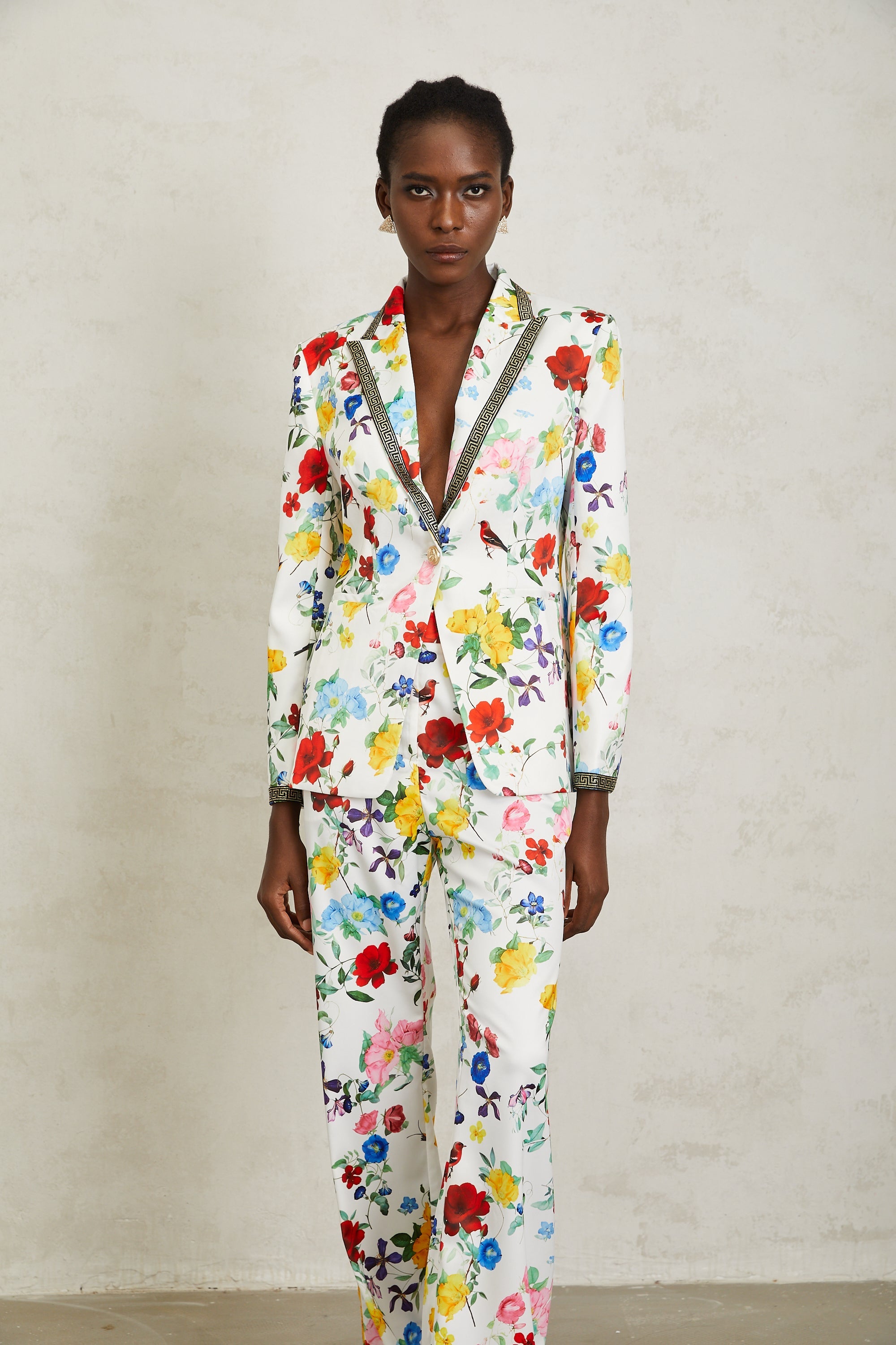 Lucía White Labyrinth Trim Floral Blazer & Trousers Set