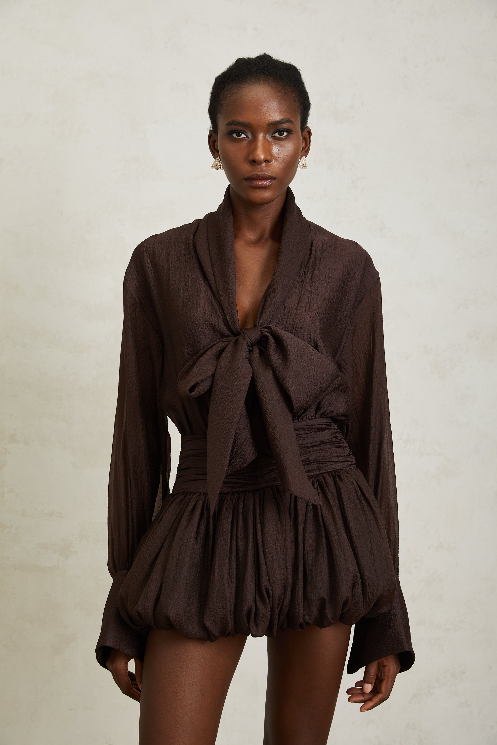 Isabella Brown Ribbon Tie Neck Mini Dress (Final Sale)