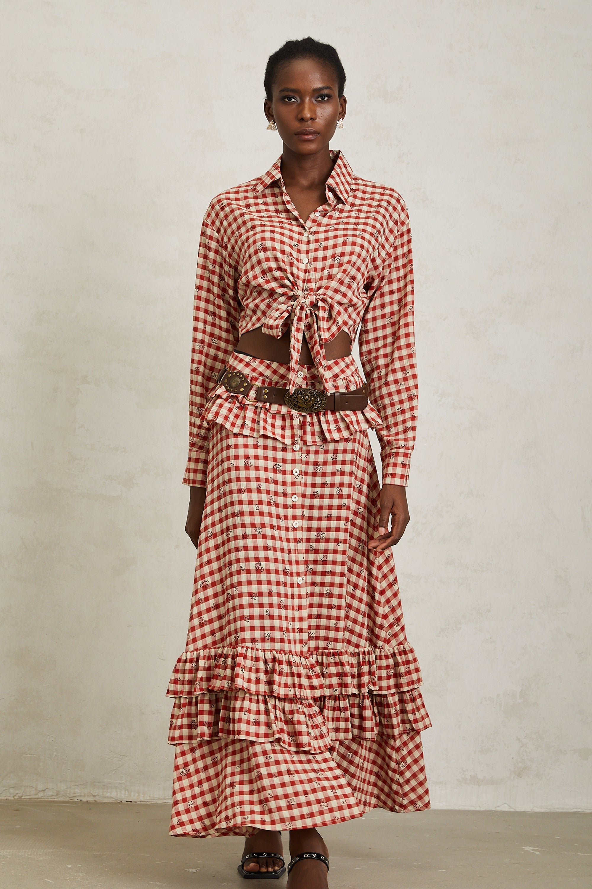 Céline Red Rose Print Plaid Shirt & Skirt Set