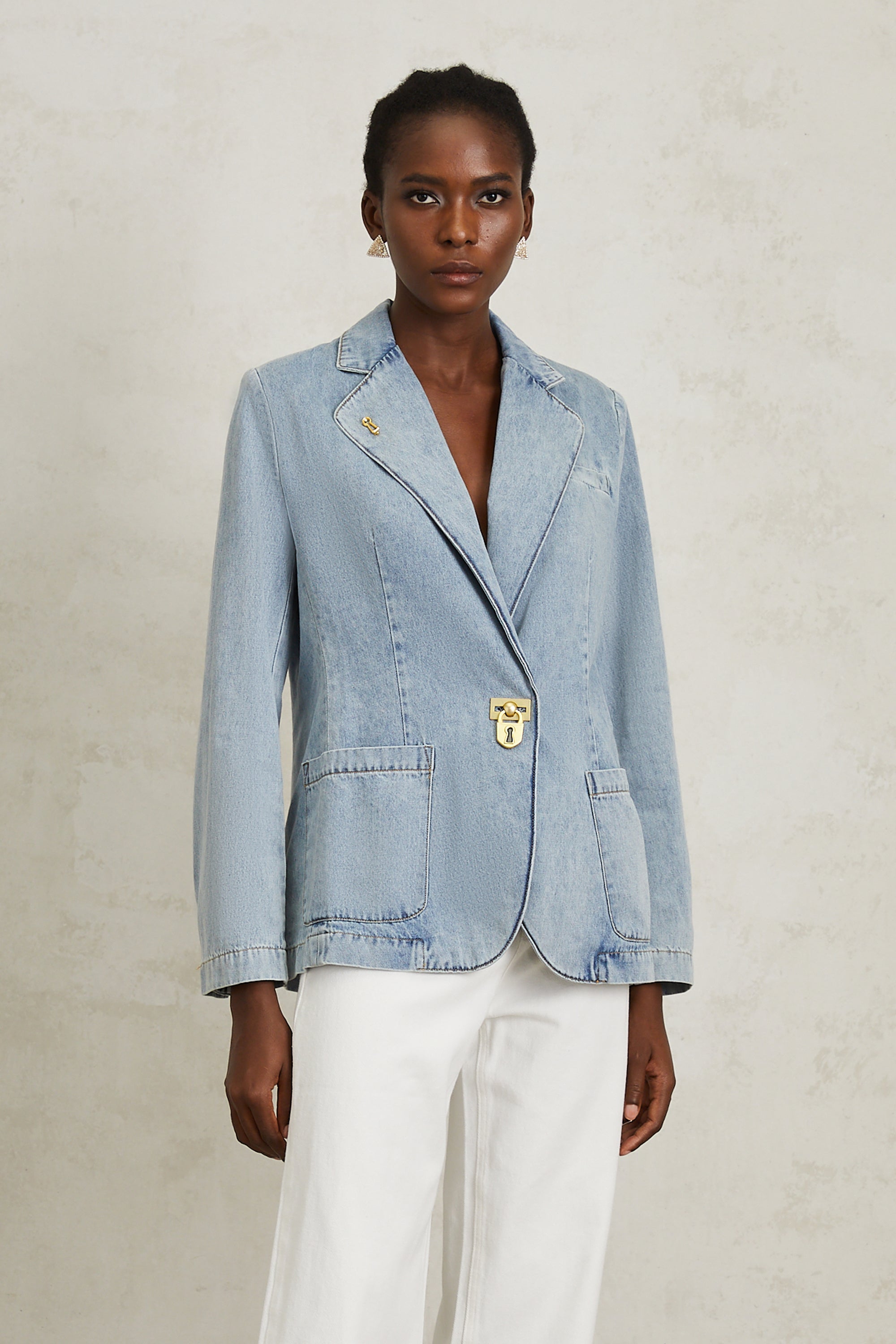 Léonide Blue Lock Detail Denim Blazer