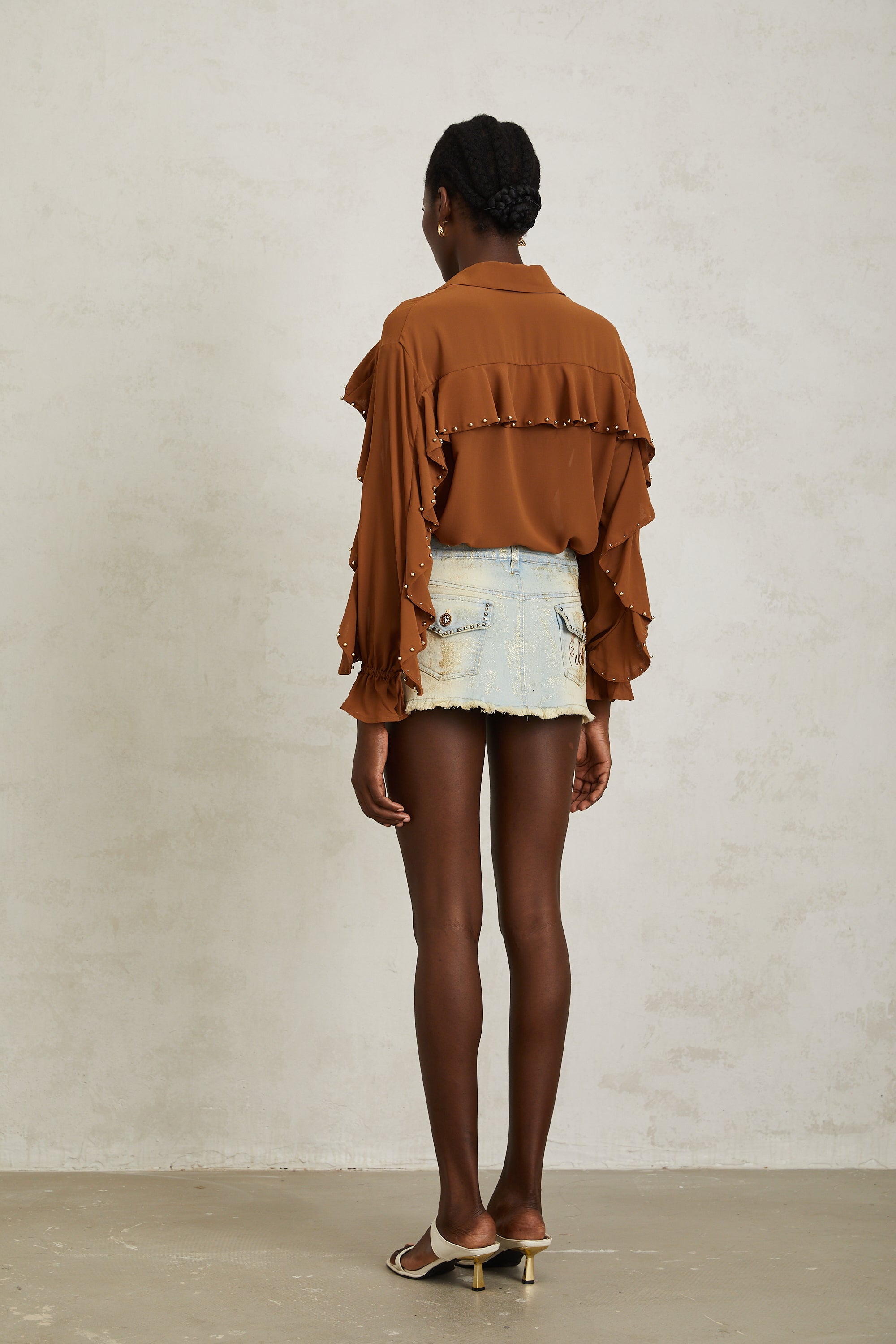 Isaline Caramel Beaded Ruffled Chiffon Blouse
