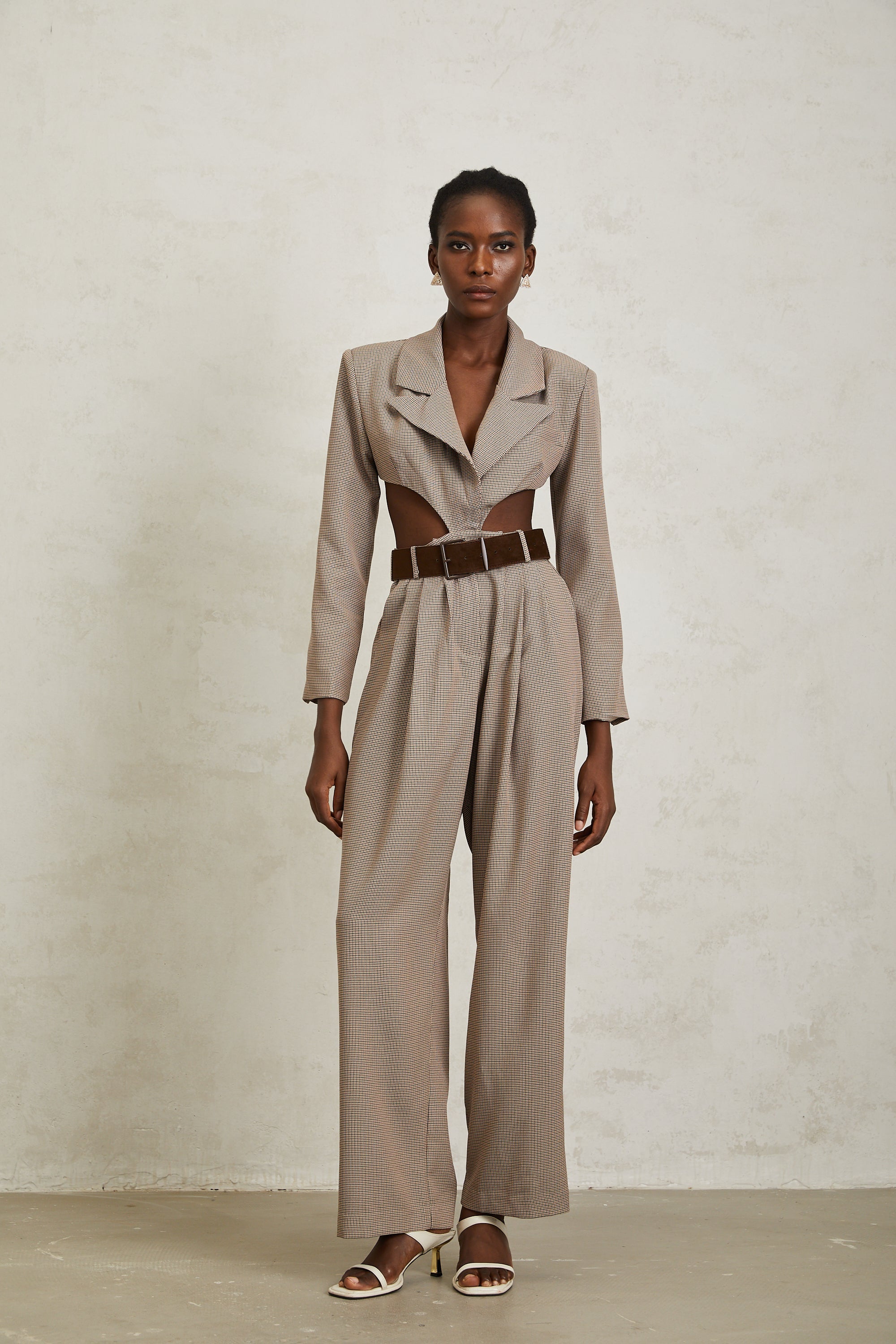 Cayetana Khaki Cut Out Houndstooth Jumpsuit