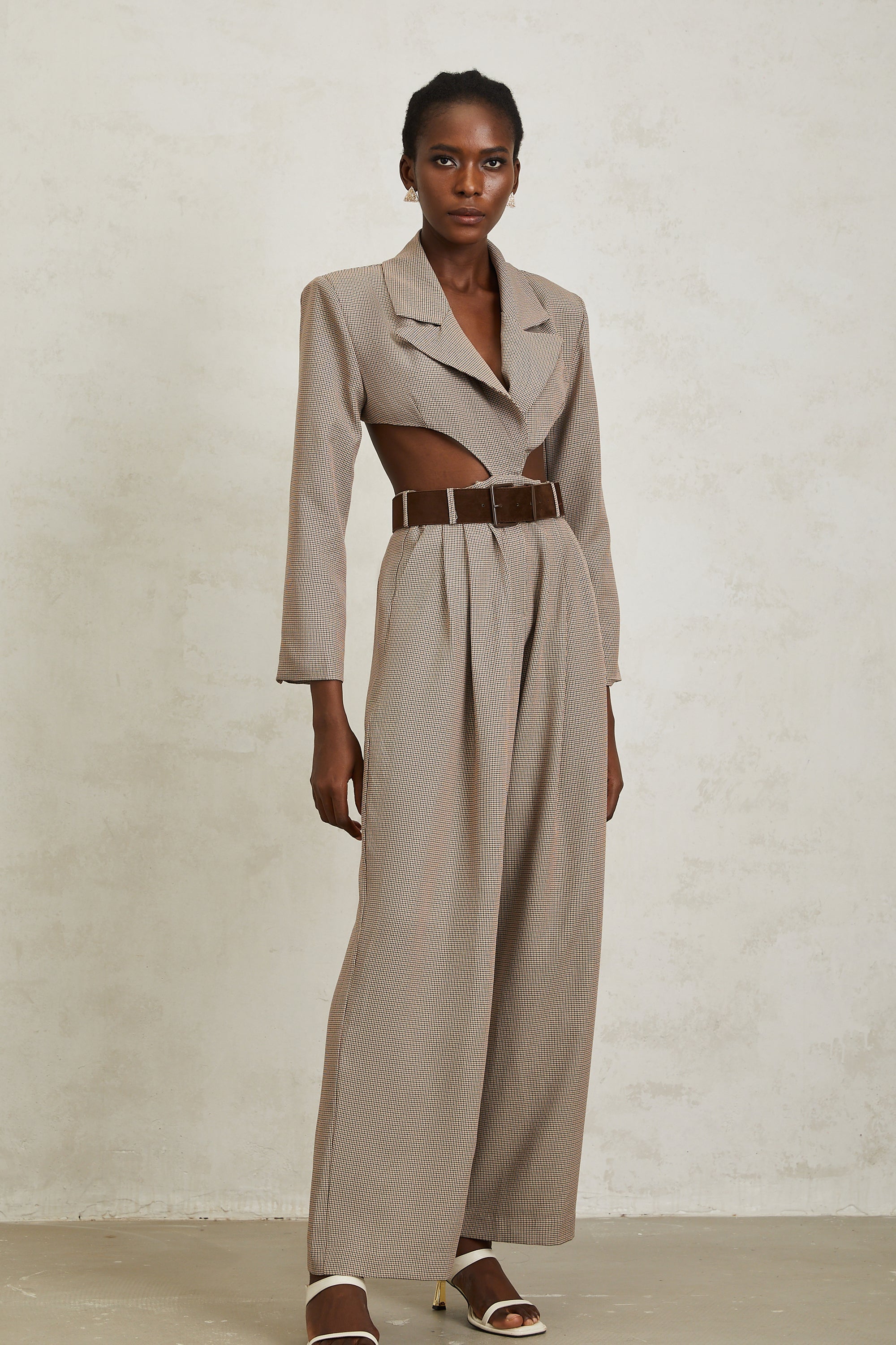 Cayetana Khaki Cut Out Houndstooth Jumpsuit
